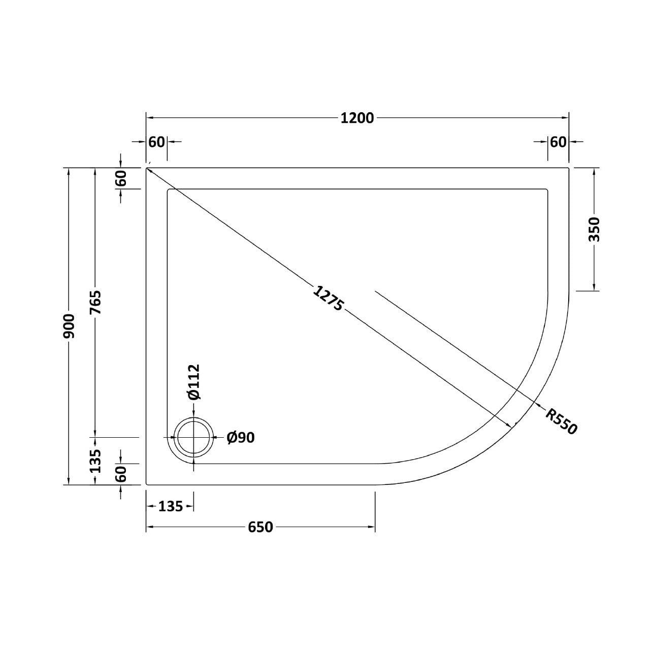 Matt Black RH 1200 x 900mm Offset Quadrant Shower Enclosure & Tray