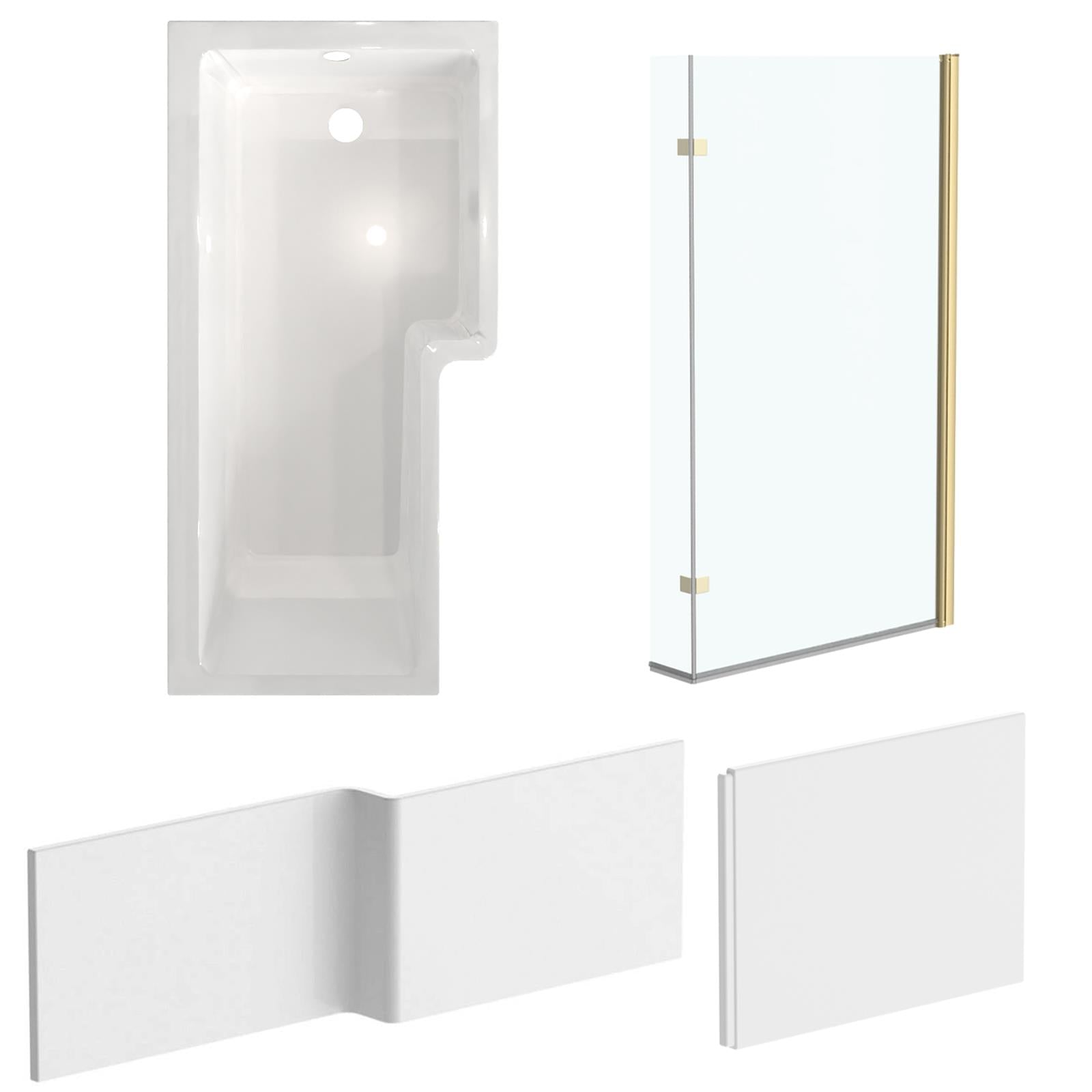 Right L Shaped Shower Bath With Front & End Panel, Brushed Brass Screen
