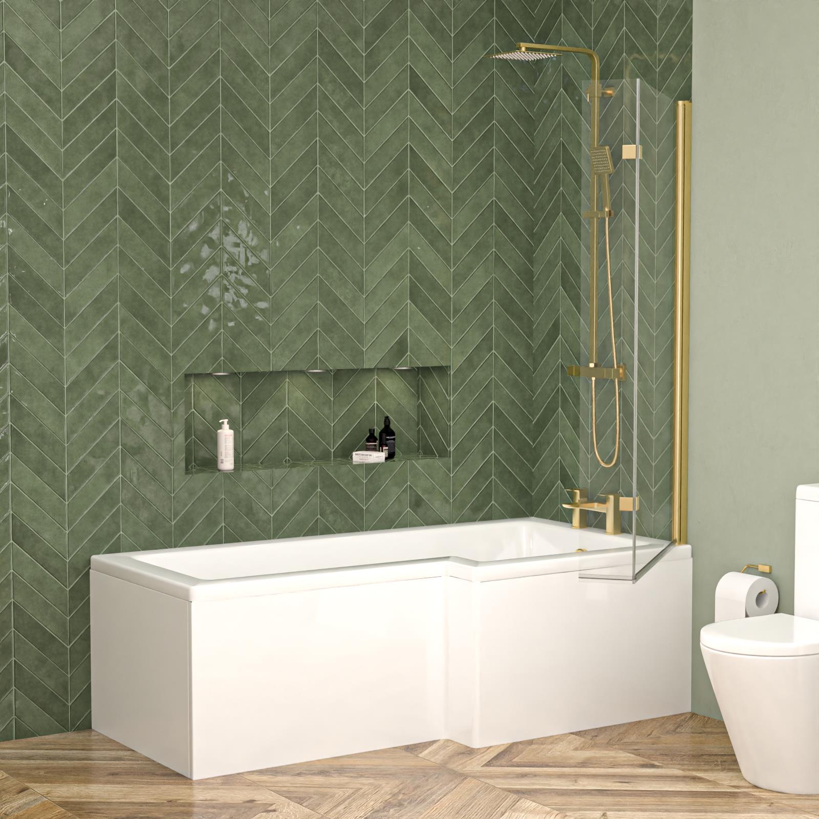 Right L Shaped Shower Bath With Front & End Panel, Brushed Brass Screen