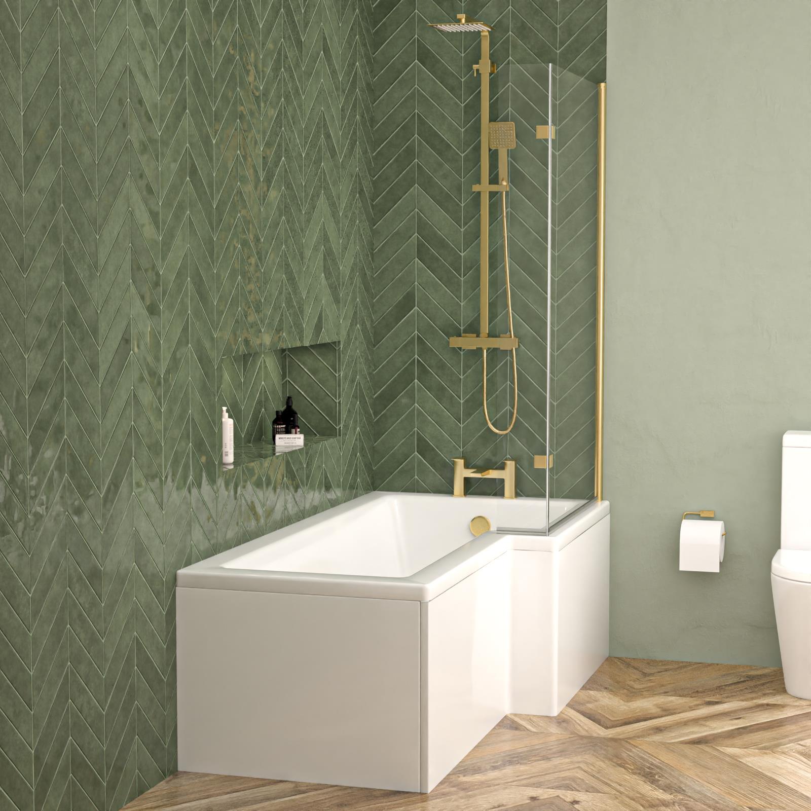 Right L Shaped Shower Bath With Front & End Panel, Brushed Brass Screen
