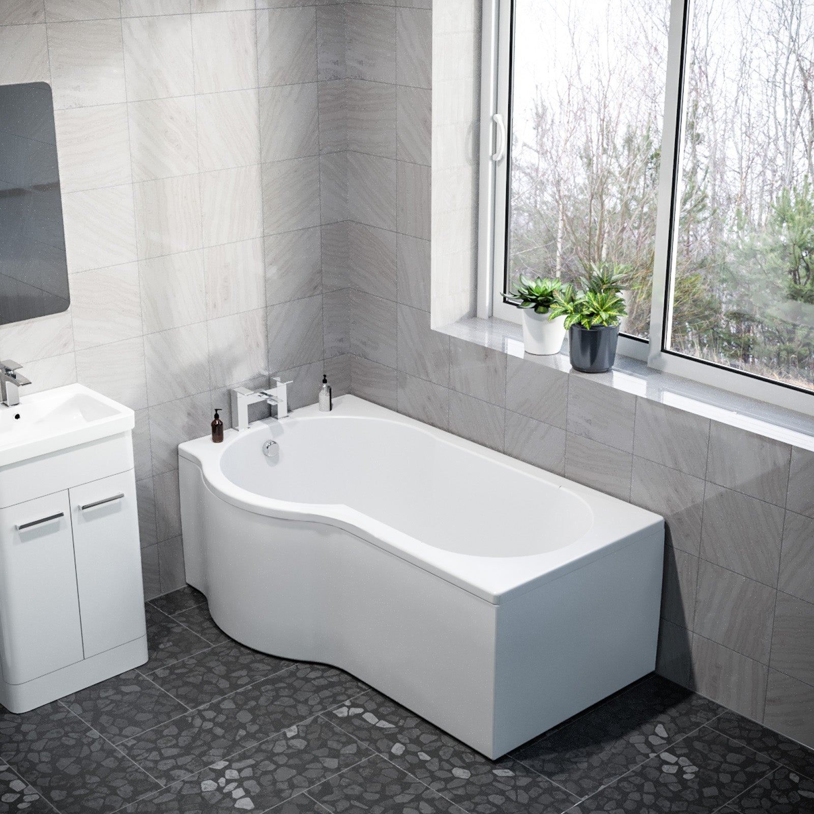 P Shaped Left Hand 1500mm Curved Shower Bath Acrylic
