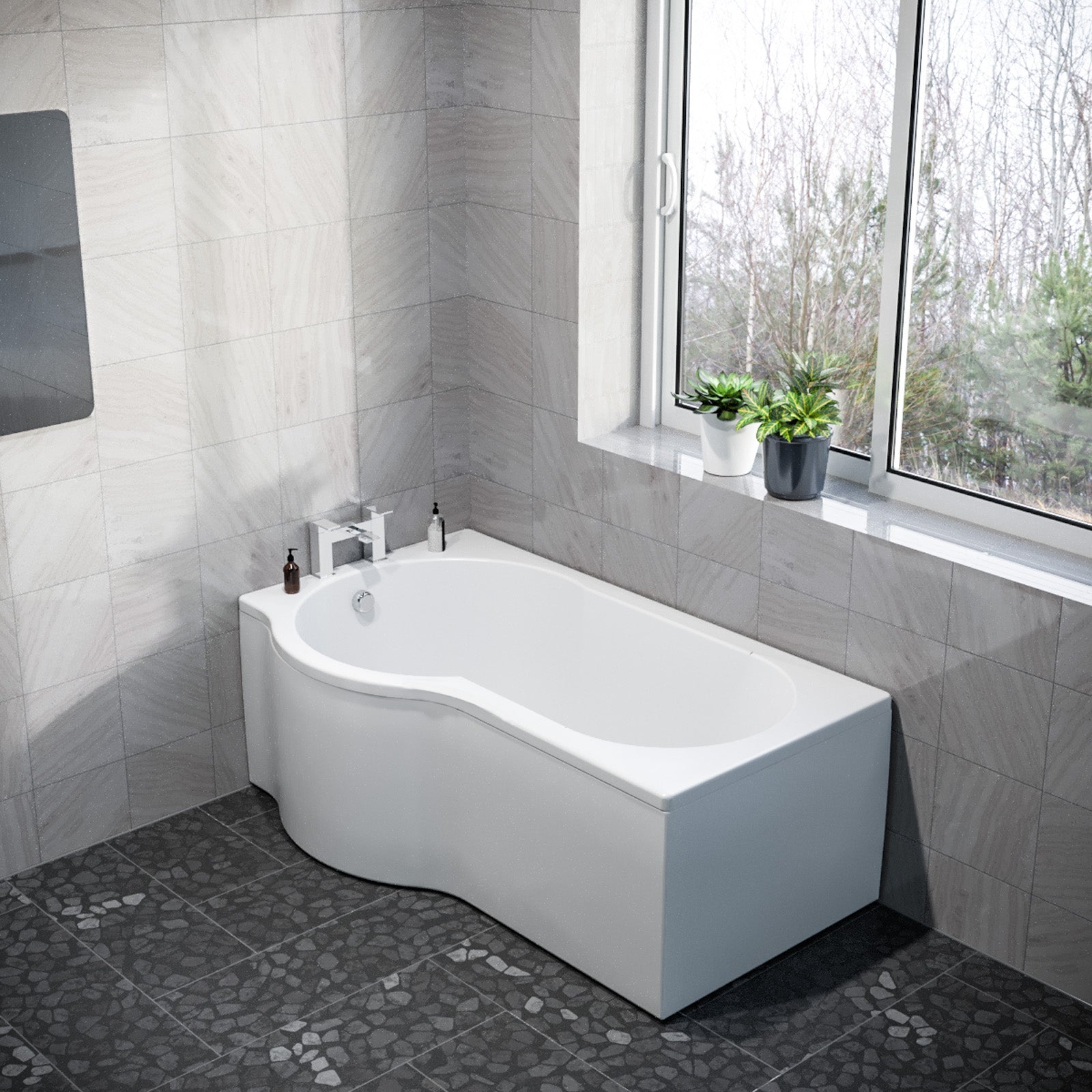 P Shaped Left Hand 1500mm Curved Shower Bath Acrylic & Front Panel