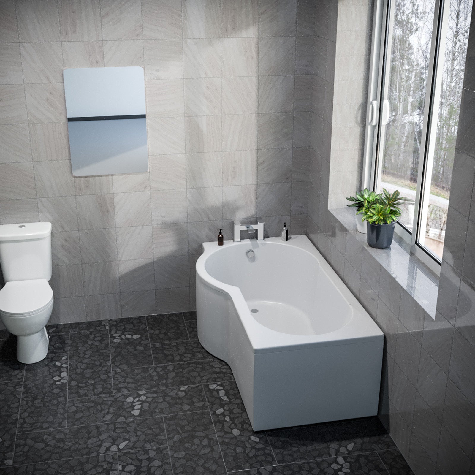 P Shaped Left Hand 1500mm Curved Shower Bath Acrylic & Front Panel