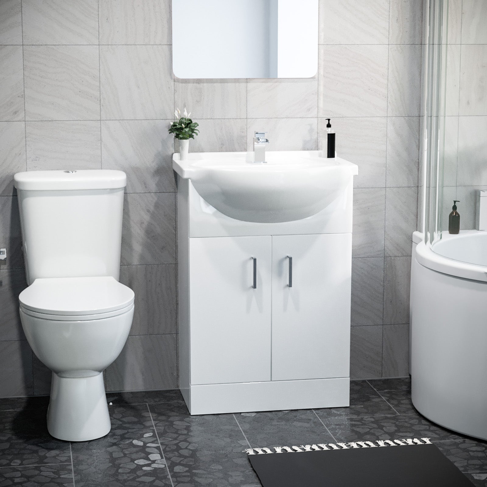 1500mm LH P Shaped Bathroom Suite, Front Panel & Screen With Vanity & Toilet