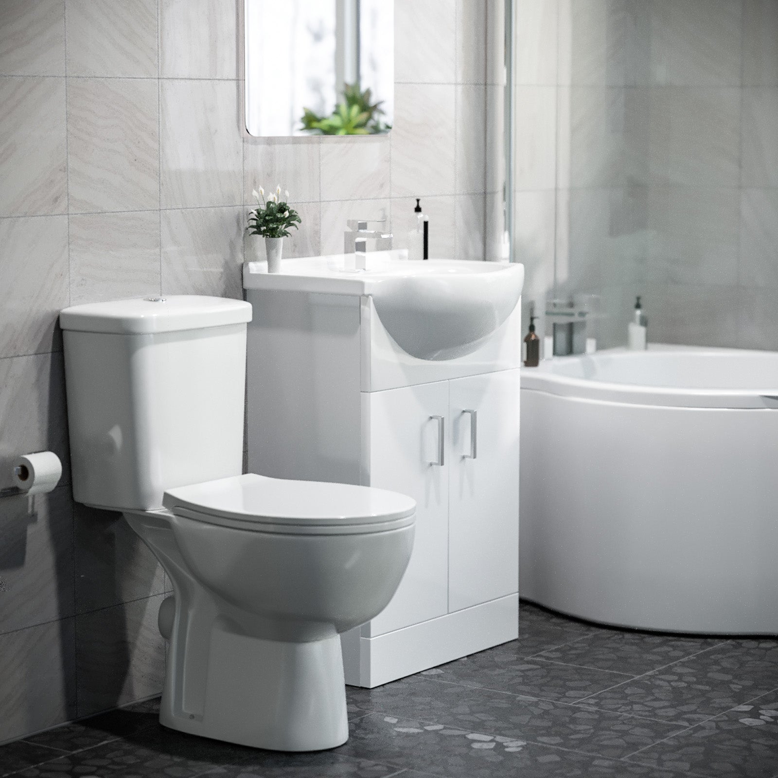 1500mm LH P Shaped Bathroom Suite, Front Panel & Screen With Vanity & Toilet