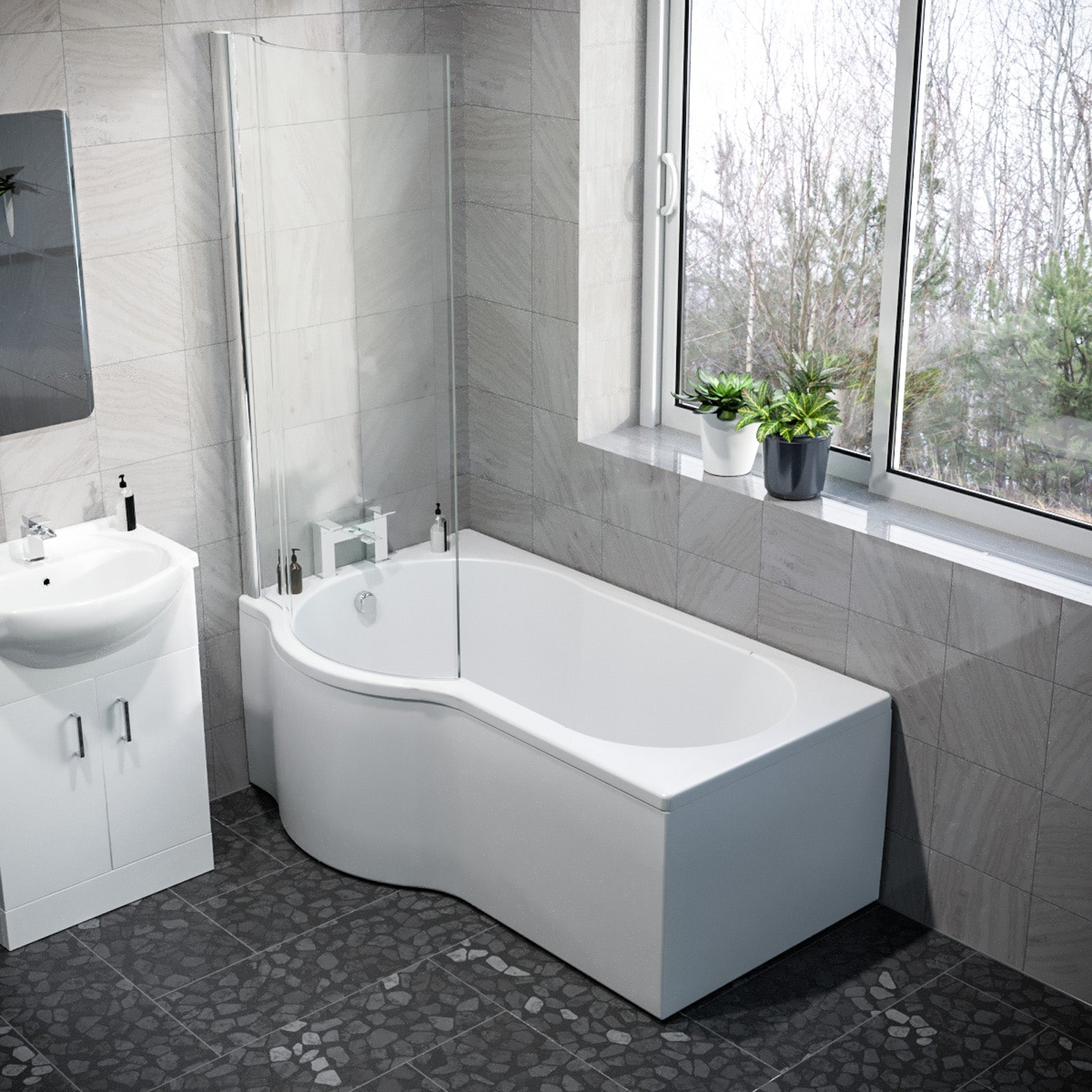 1500mm LH P Shaped Bathroom Suite, Front Panel & Screen With Vanity & Toilet