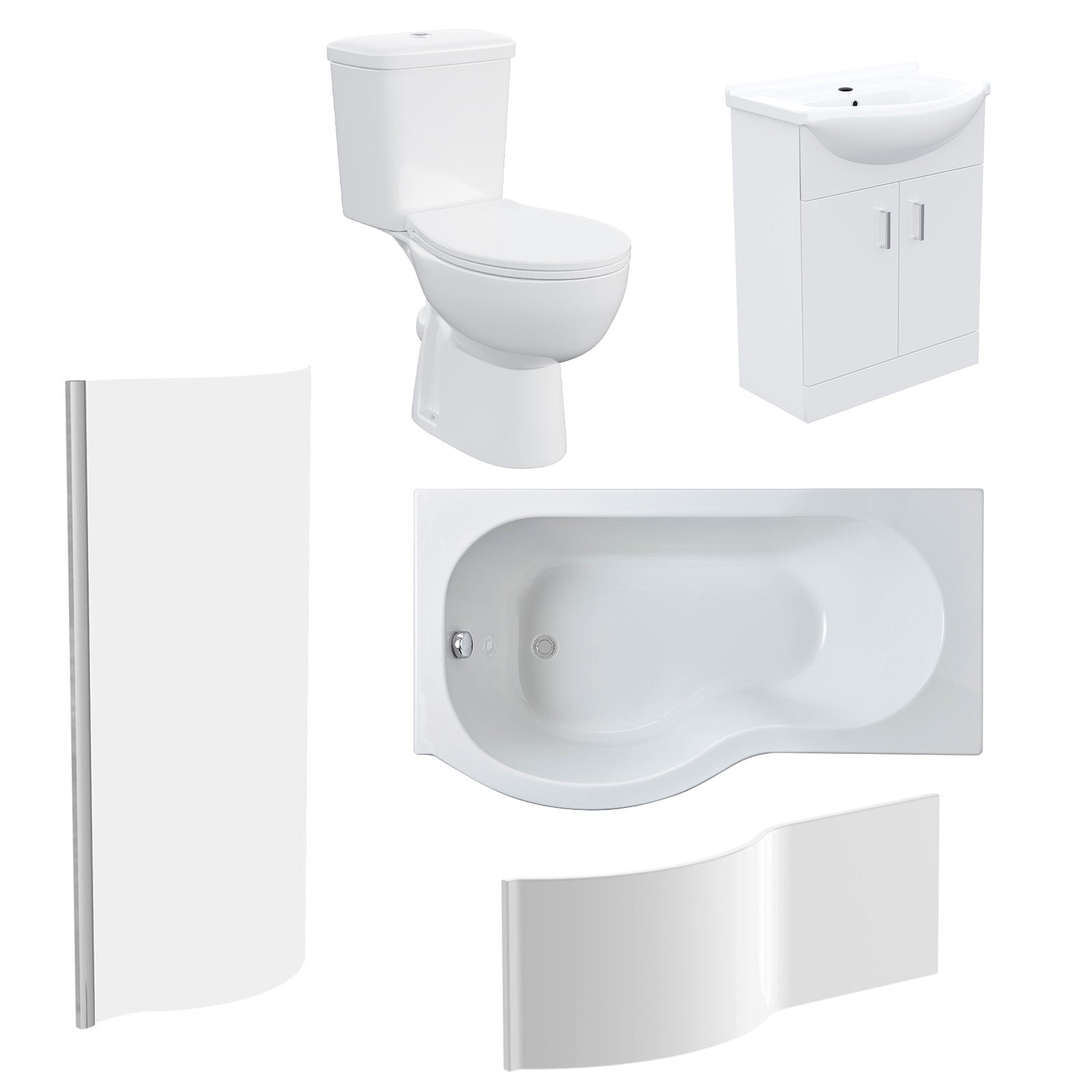 1500mm LH P Shaped Bathroom Suite, Front Panel & Screen With Vanity & Toilet