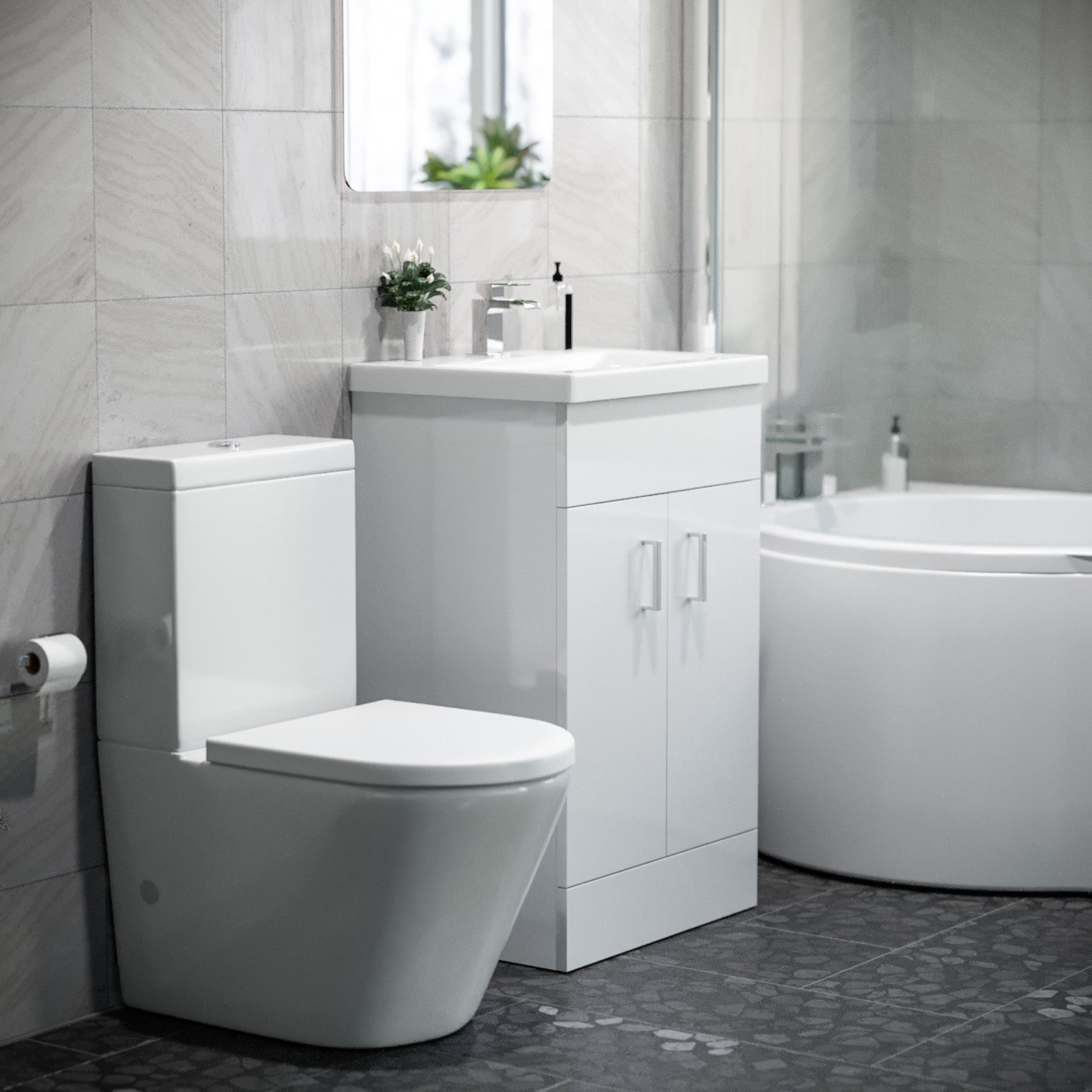 1500mm LH P Shaped Bath, Front Panel, Screen With 500mm Vanity & Toilet