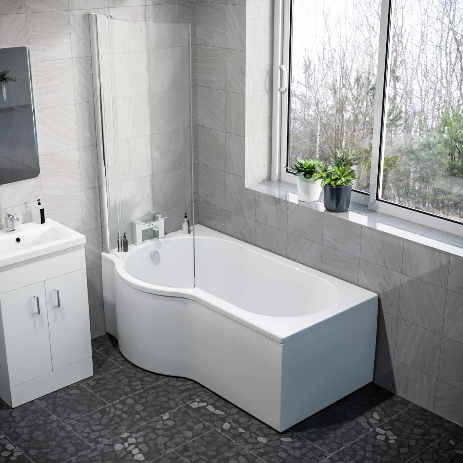 1500mm LH P Shaped Bath, Front Panel, Screen With 500mm Vanity & Toilet
