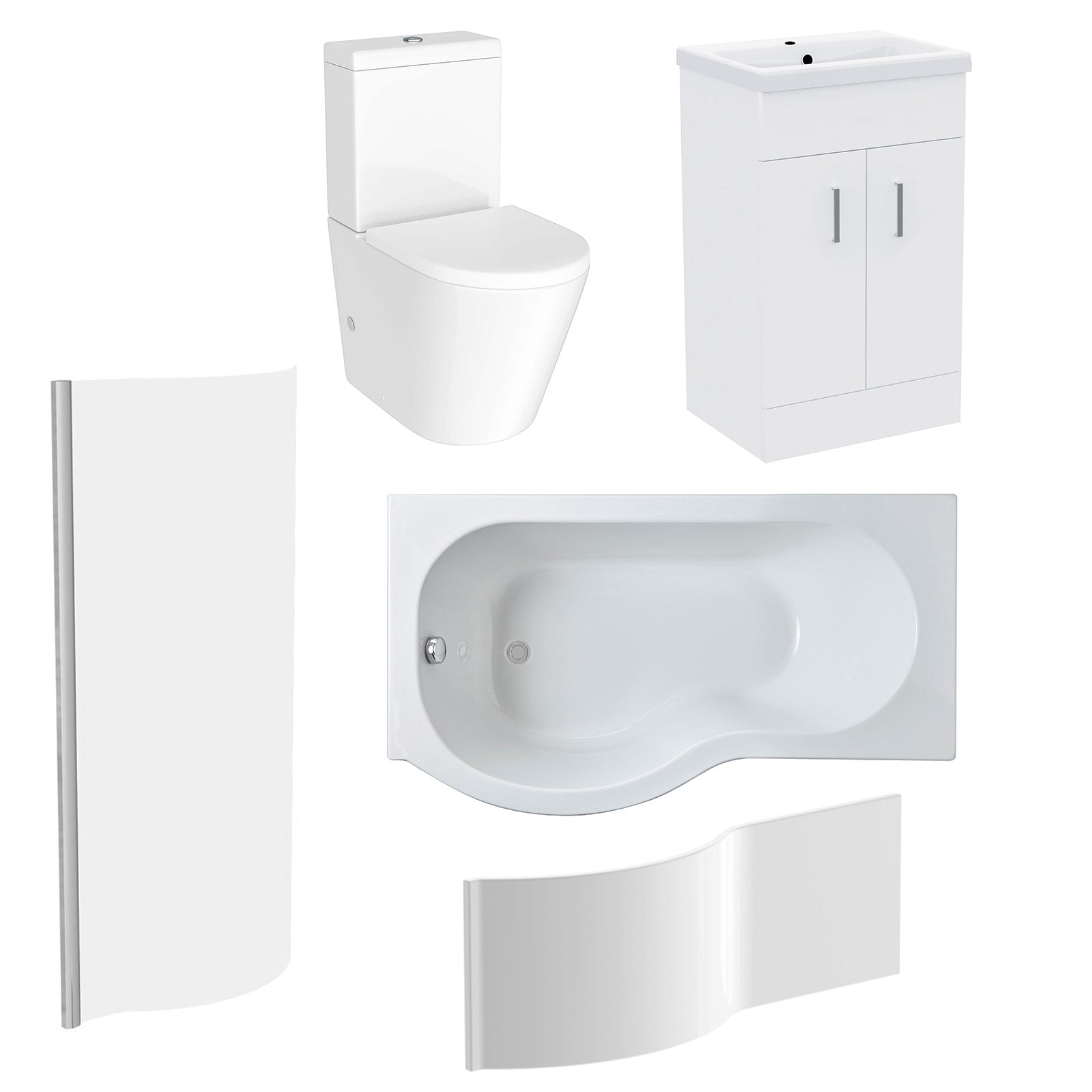 1500mm LH P Shaped Bath, Front Panel, Screen With 500mm Vanity & Toilet