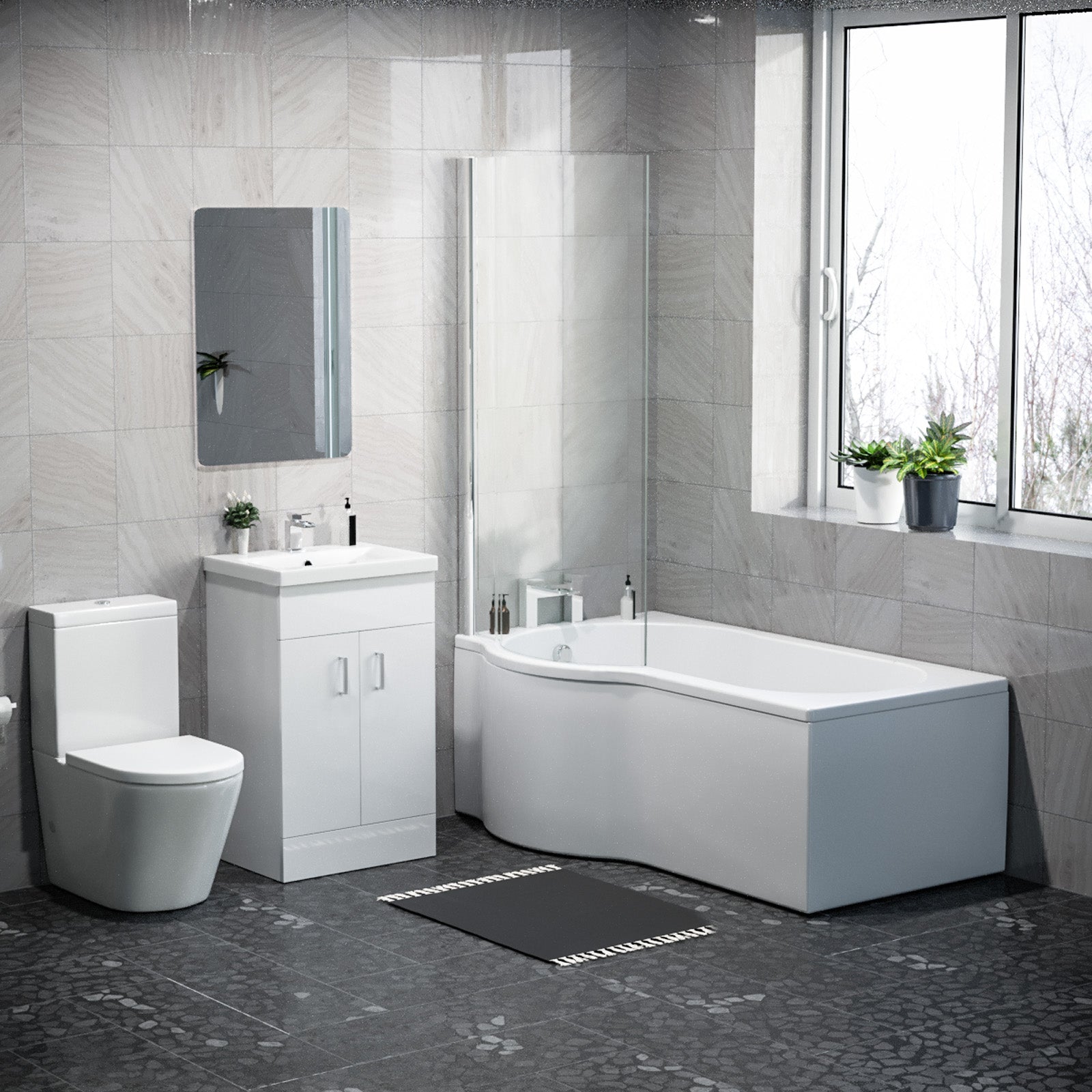 1500mm LH P Shaped Bath, Front Panel, Screen With 500mm Vanity & Toilet