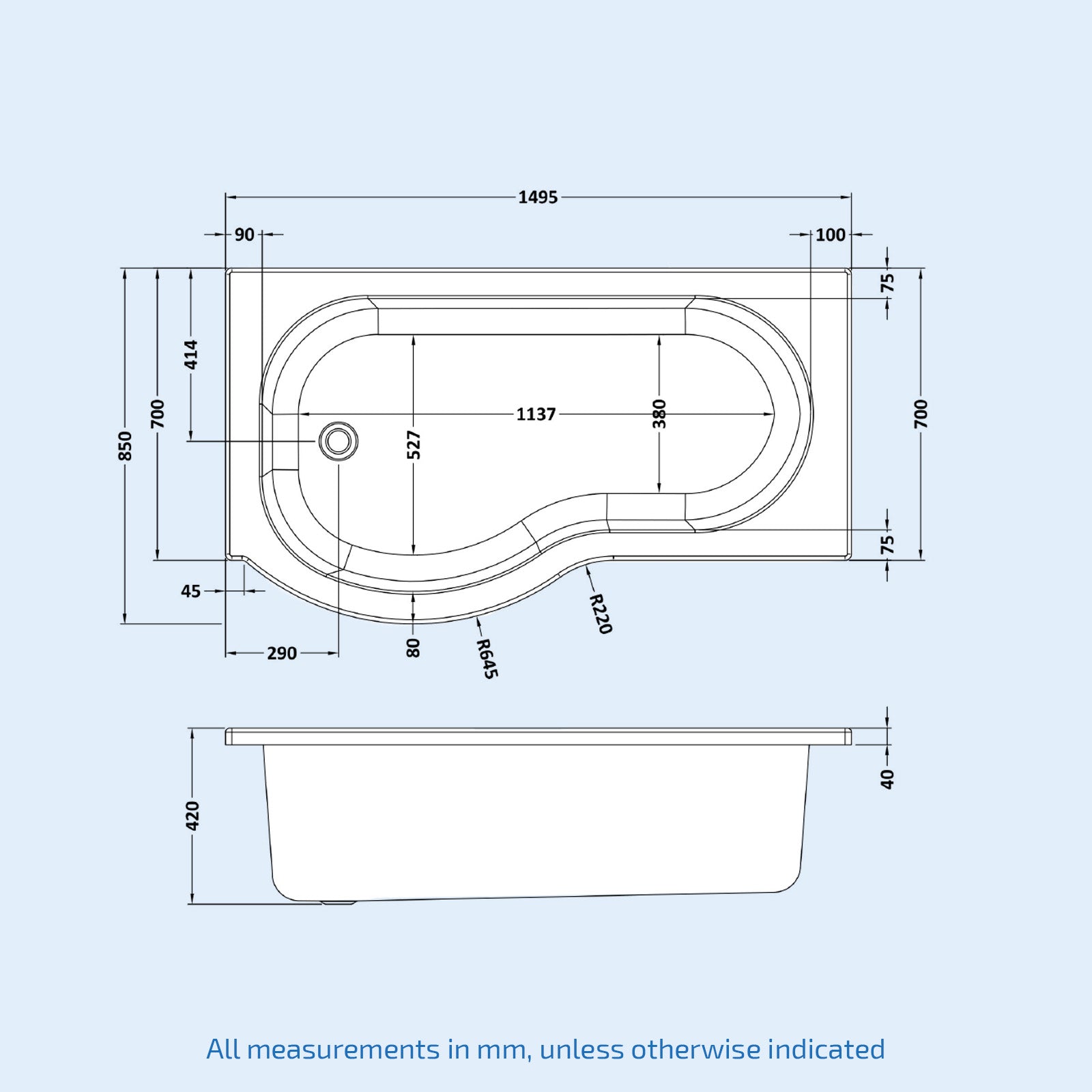 P Shaped Left Hand 1500mm Curved Shower Bath Acrylic