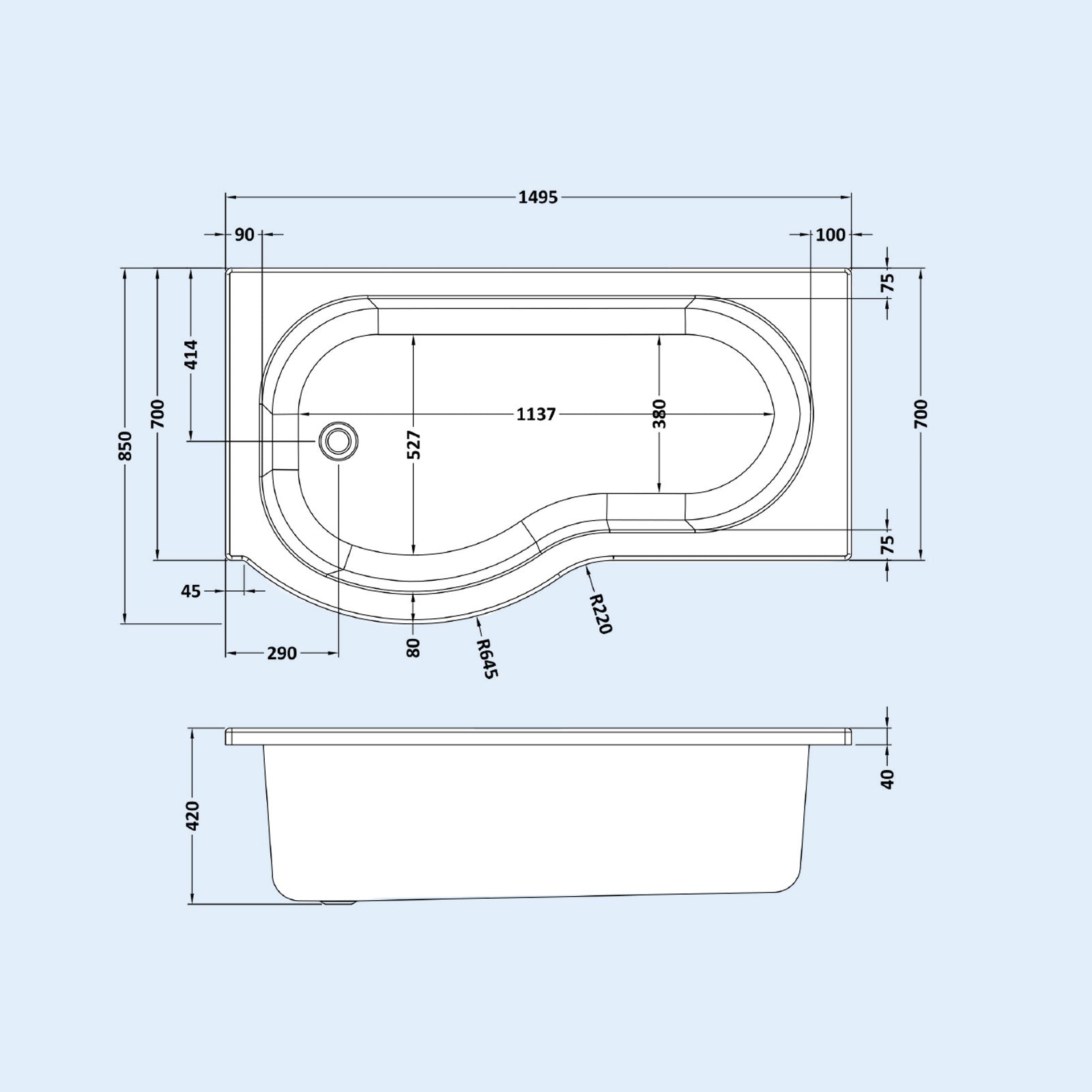 1500mm LH P Shaped Bath, Front Panel, Screen With 500mm Vanity & Toilet