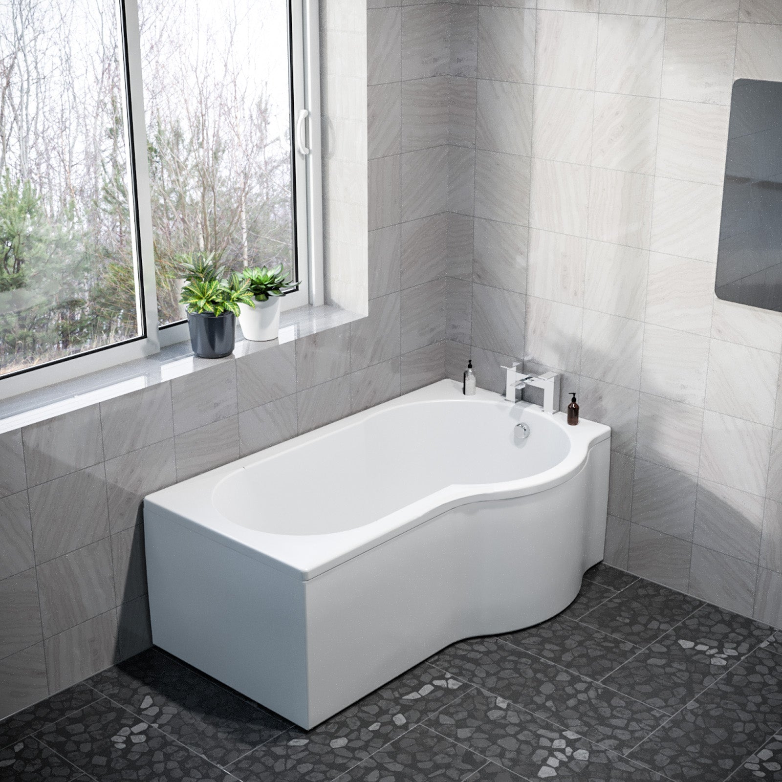 P Shaped Right Hand 1500mm Curved Shower Bath Acrylic & Front Panel