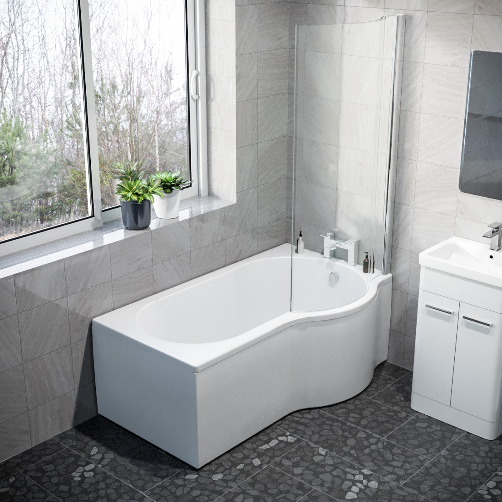 P Shaped RH 1500mm Curved Shower Bath Acrylic Front Panel & Screen