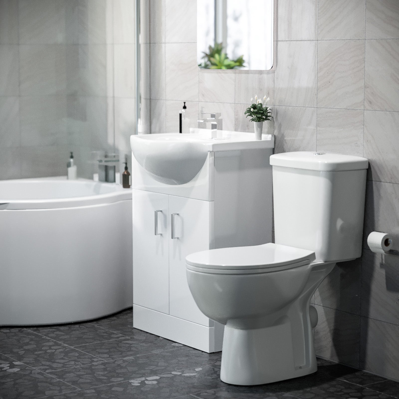 1500mm RH P Shaped Bathroom Suite, Front Panel & Screen With Vanity & Toilet