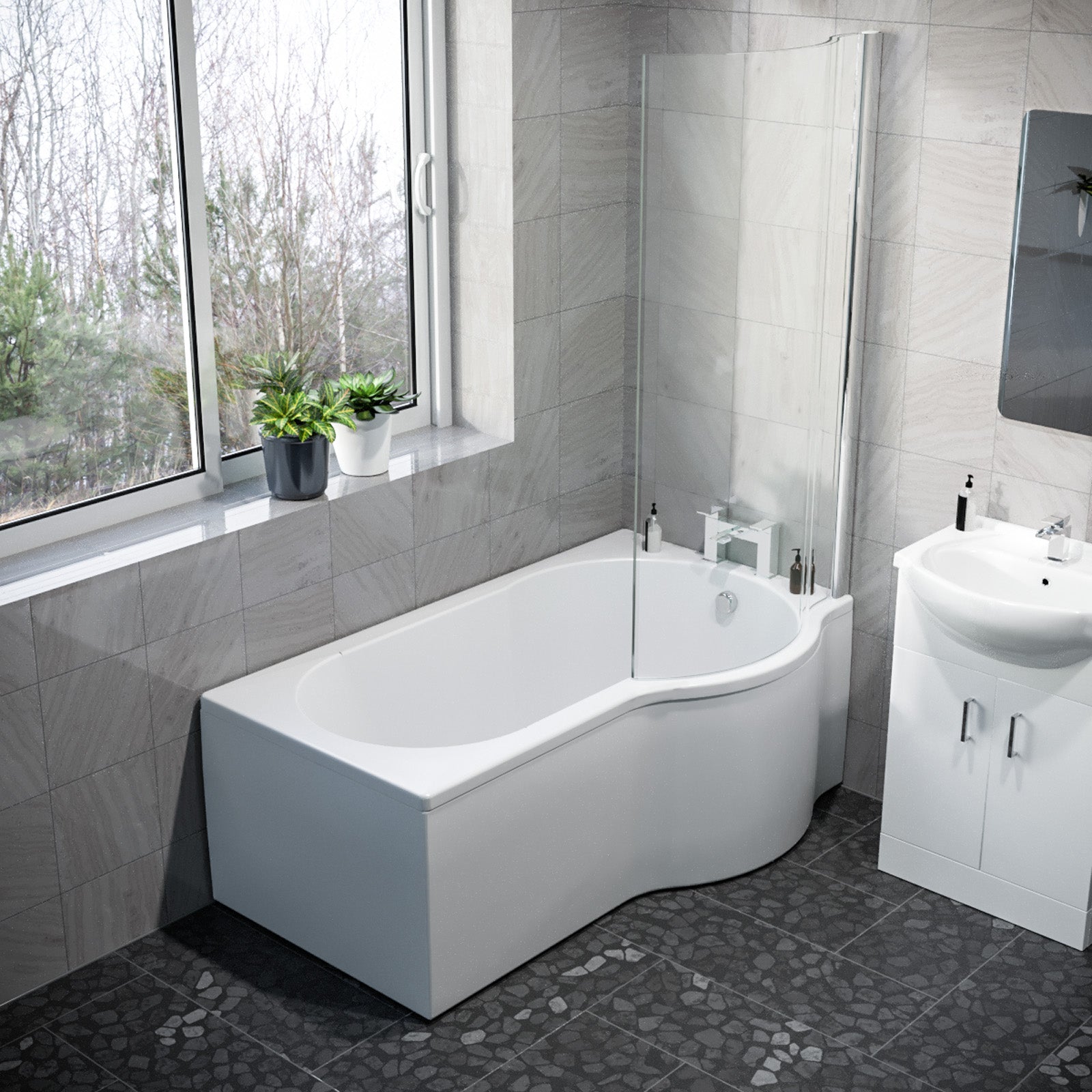 1500mm RH P Shaped Bathroom Suite, Front Panel & Screen With Vanity & Toilet