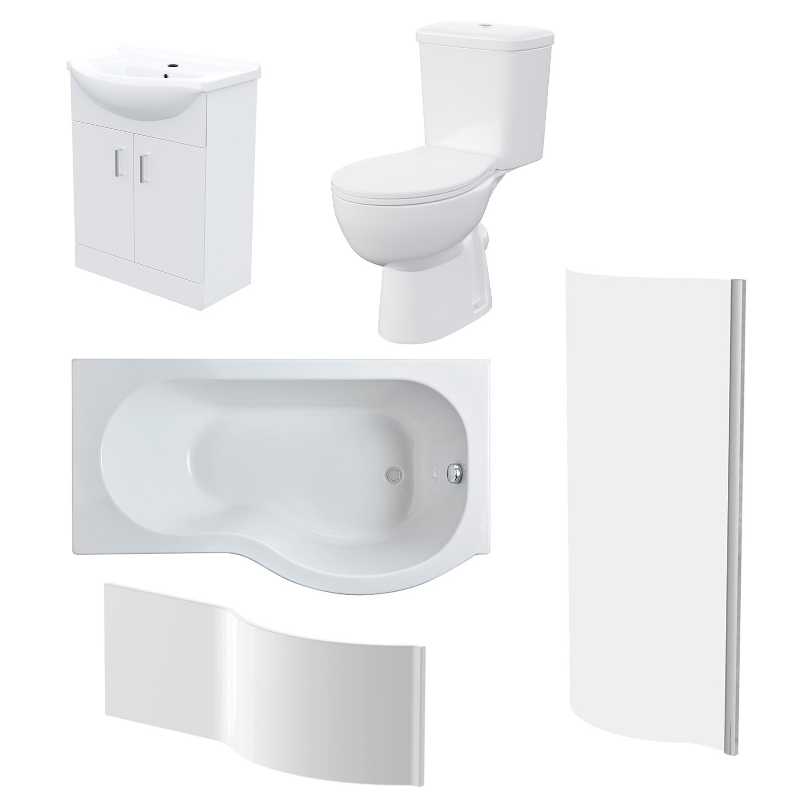 1500mm RH P Shaped Bathroom Suite, Front Panel & Screen With Vanity & Toilet