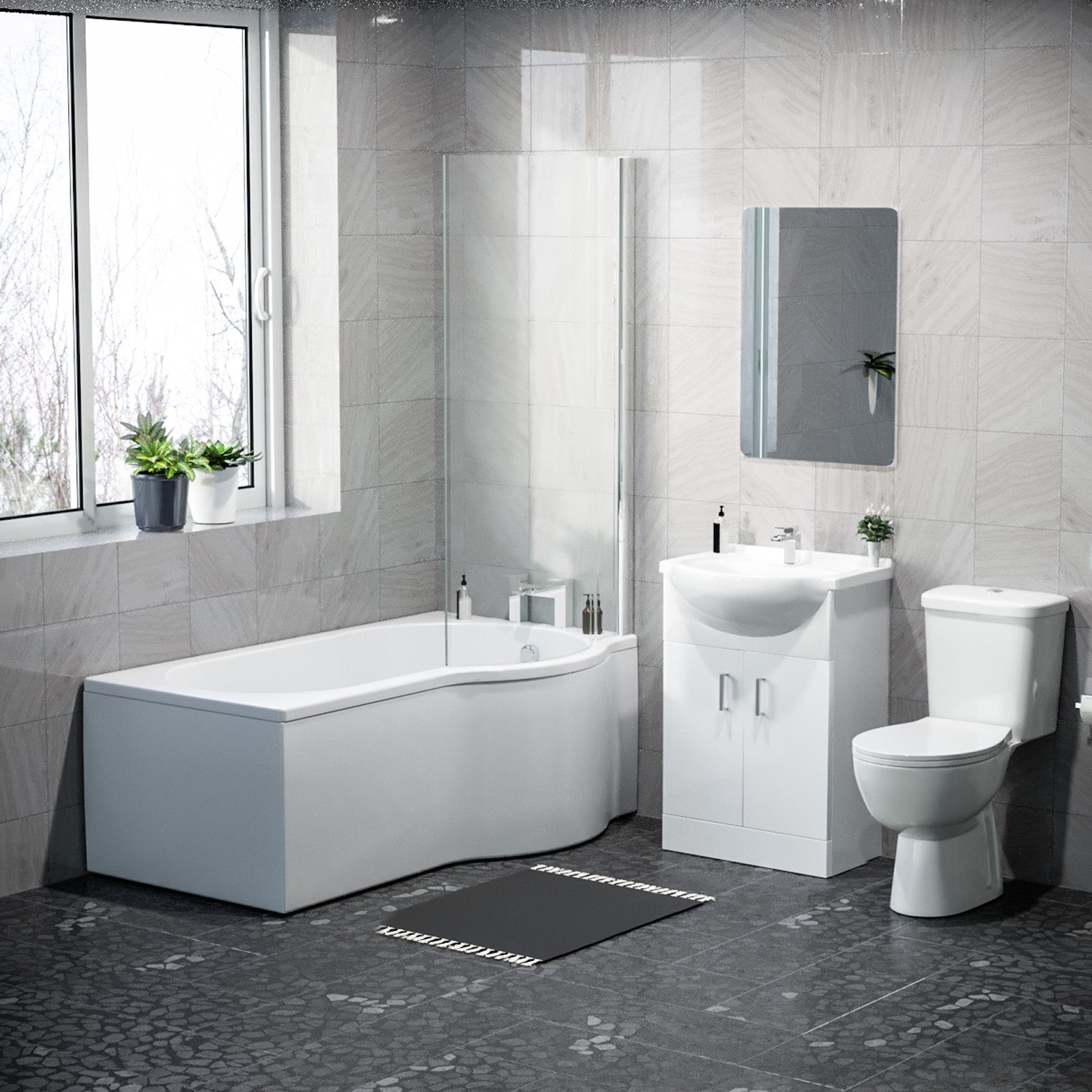 1500mm RH P Shaped Bathroom Suite, Front Panel & Screen With Vanity & Toilet