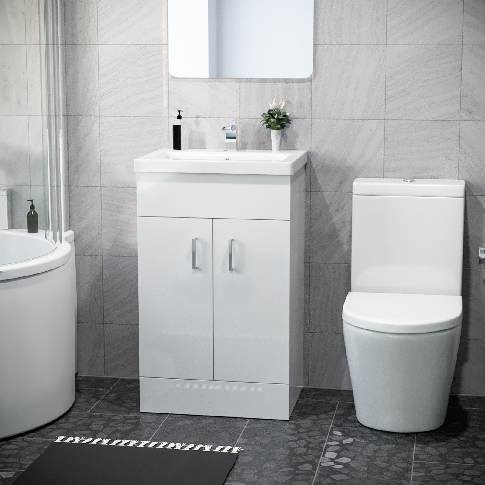 1500mm RH P Shaped Bath, Front Panel, Screen With 500mm Vanity & Toilet