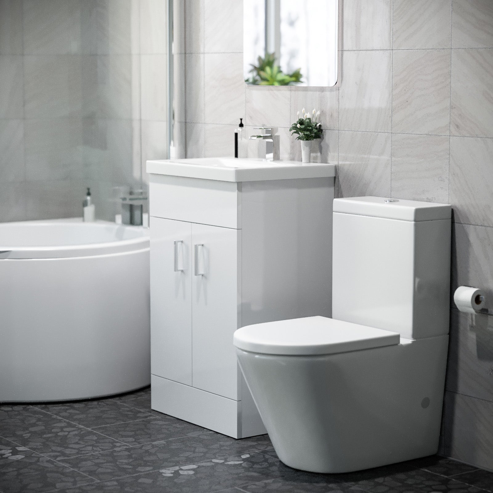 1500mm RH P Shaped Bath, Front Panel, Screen With 500mm Vanity & Toilet