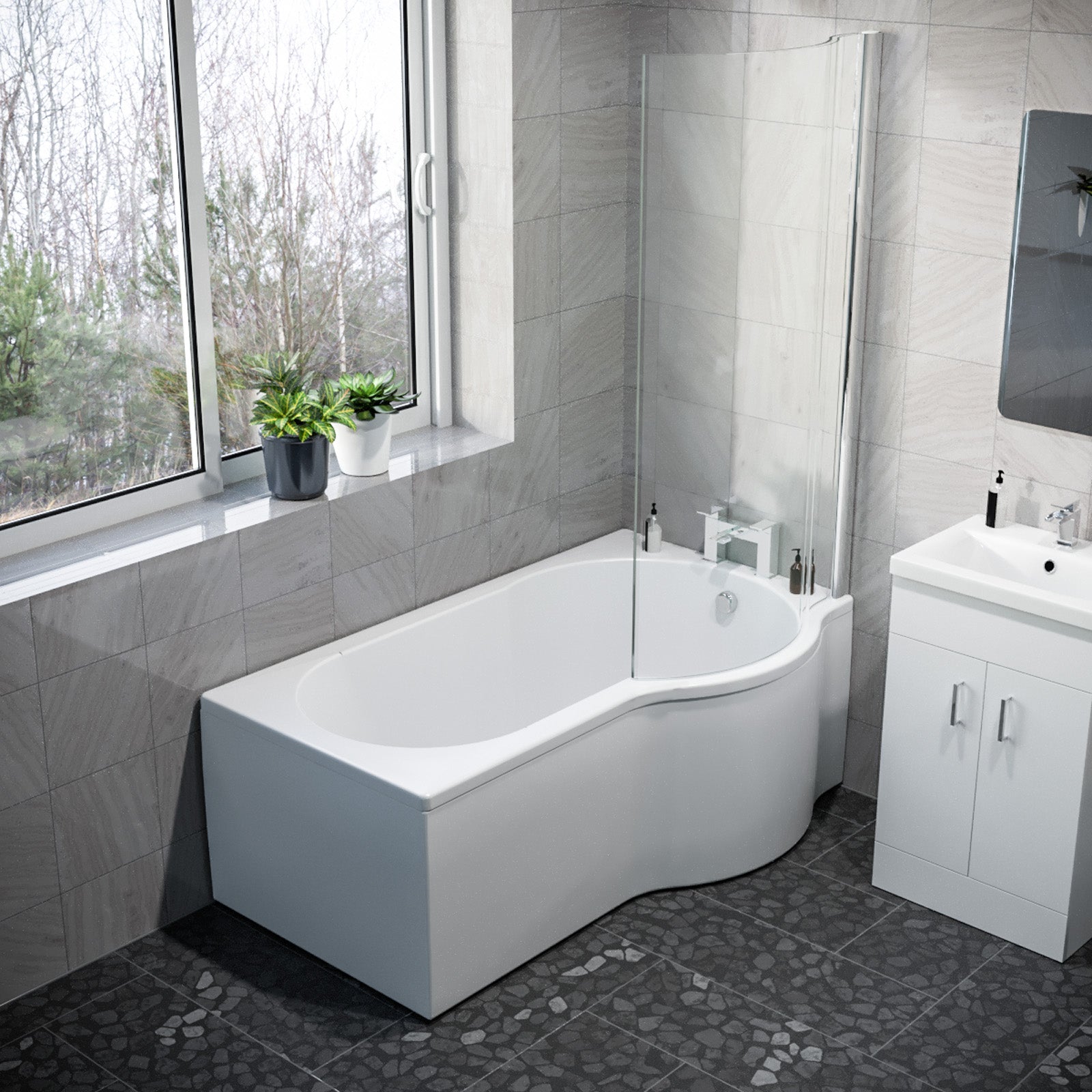 1500mm RH P Shaped Bath, Front Panel, Screen With 500mm Vanity & Toilet