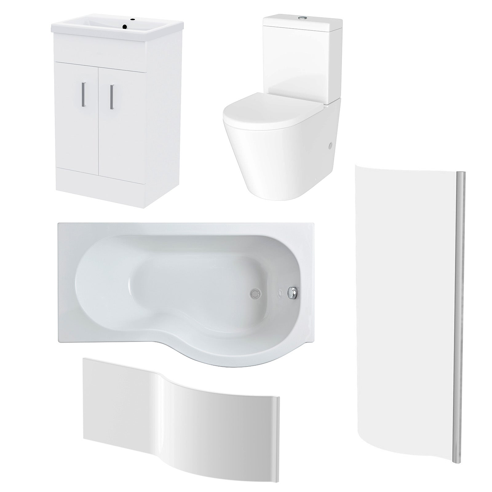 1500mm RH P Shaped Bath, Front Panel, Screen With 500mm Vanity & Toilet