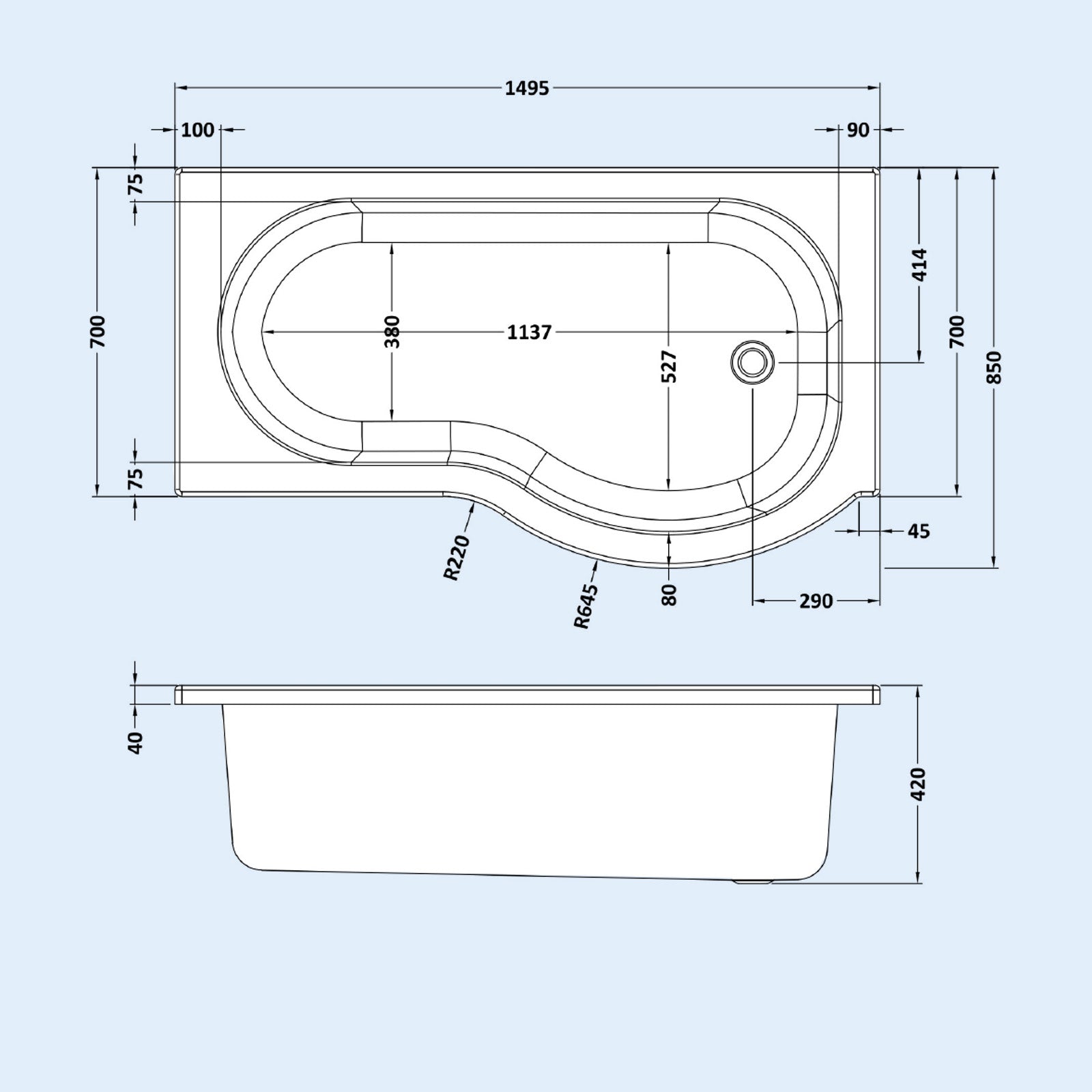 1500mm RH P Shaped Bathroom Suite, Front Panel & Screen With Vanity & Toilet