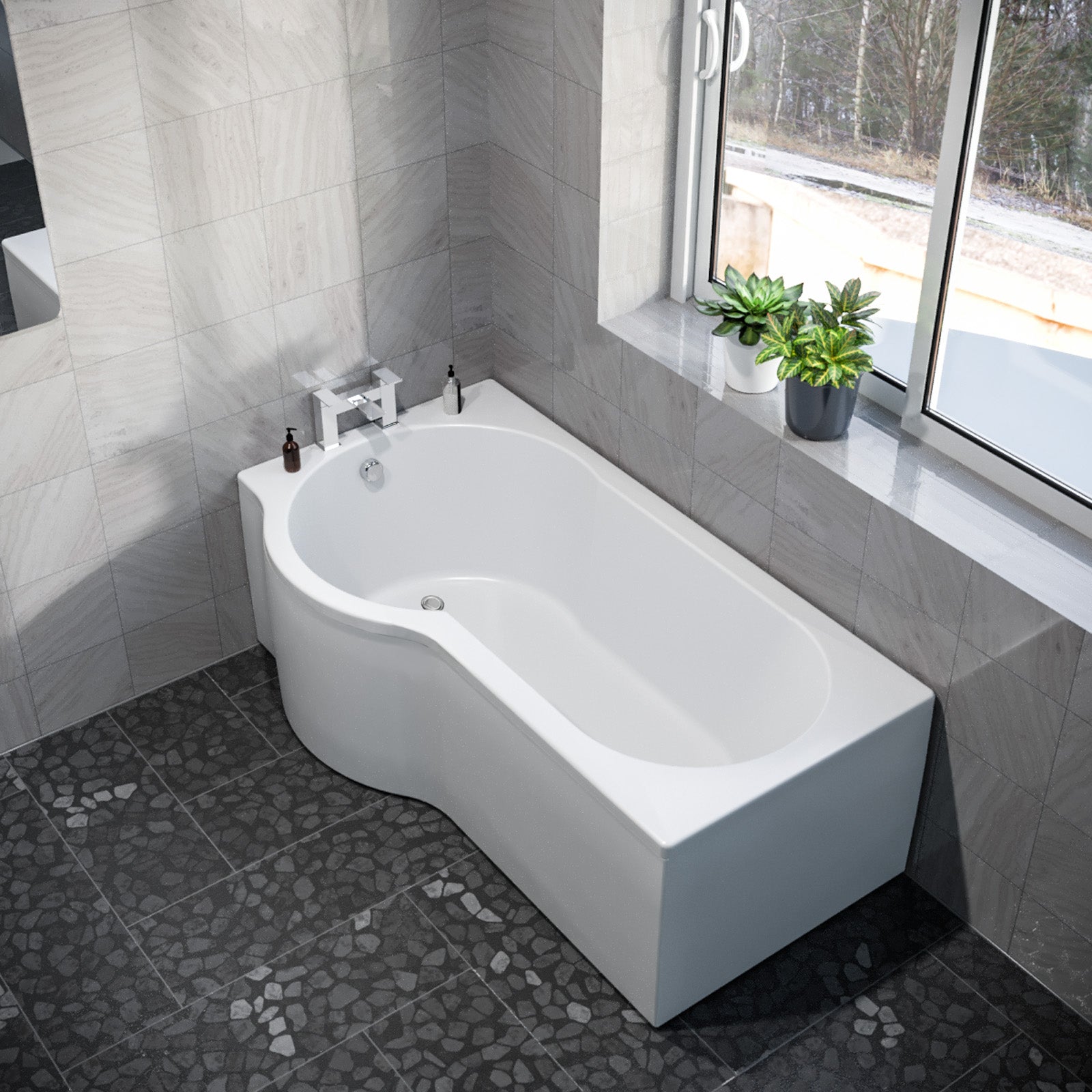 P Shaped Left Hand 1600mm Curved Shower Bath Acrylic