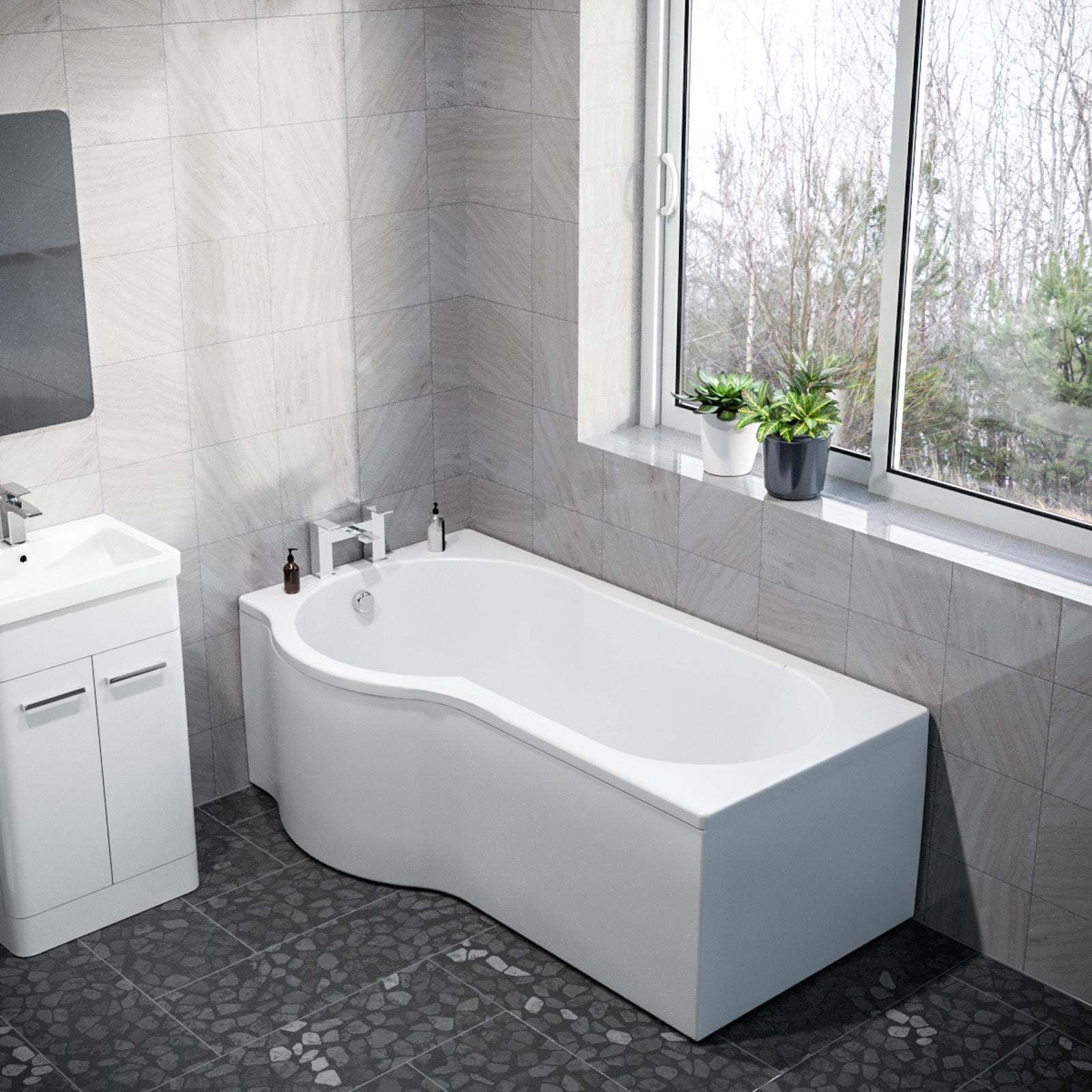 P Shaped Left Hand 1600mm Curved Shower Bath Acrylic
