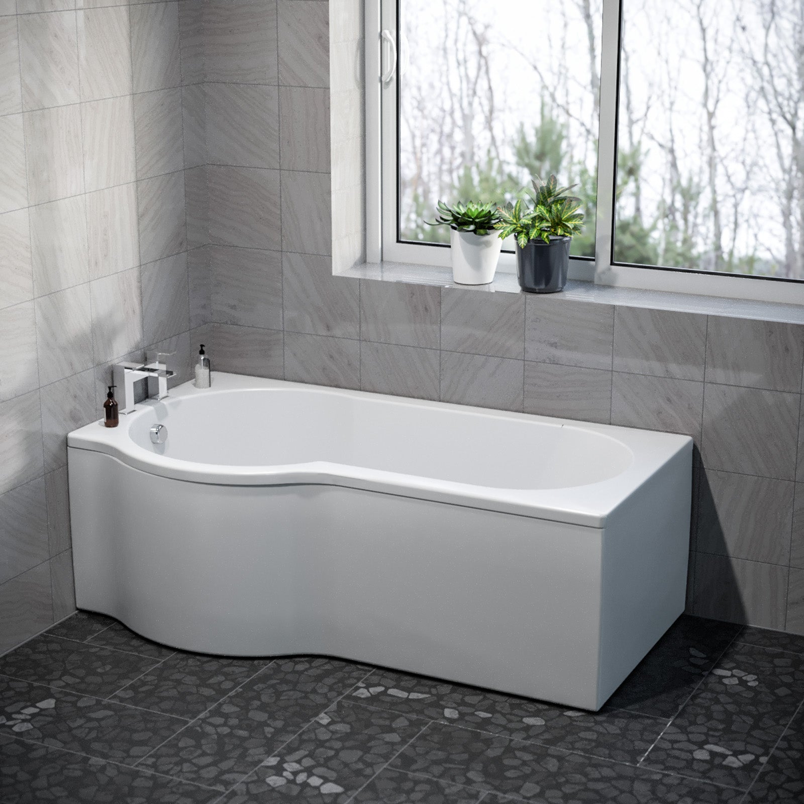 P Shaped Left Hand 1600mm Curved Shower Bath Acrylic