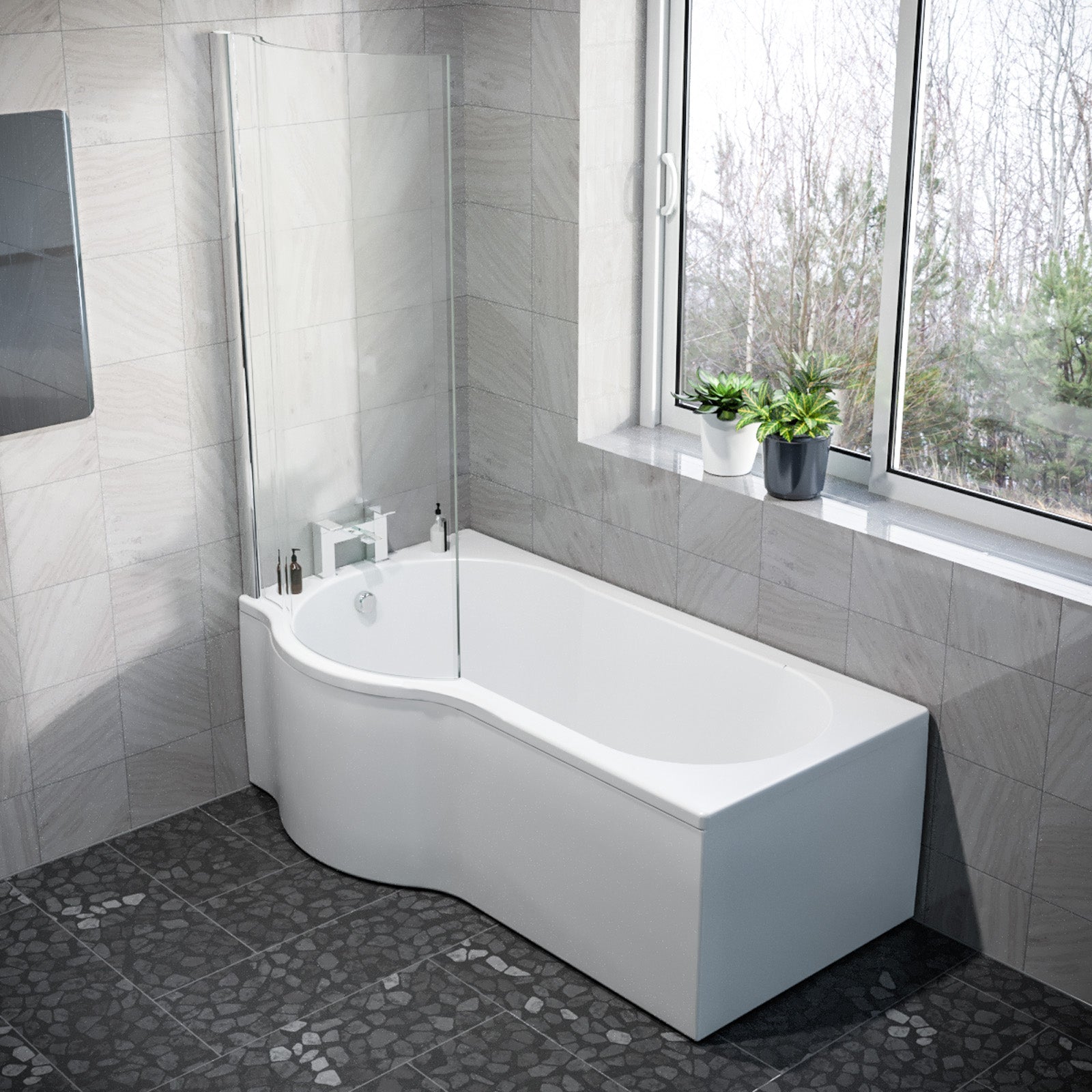 P Shaped LH 1600mm Curved Shower Bath Acrylic Front Panel & Screen