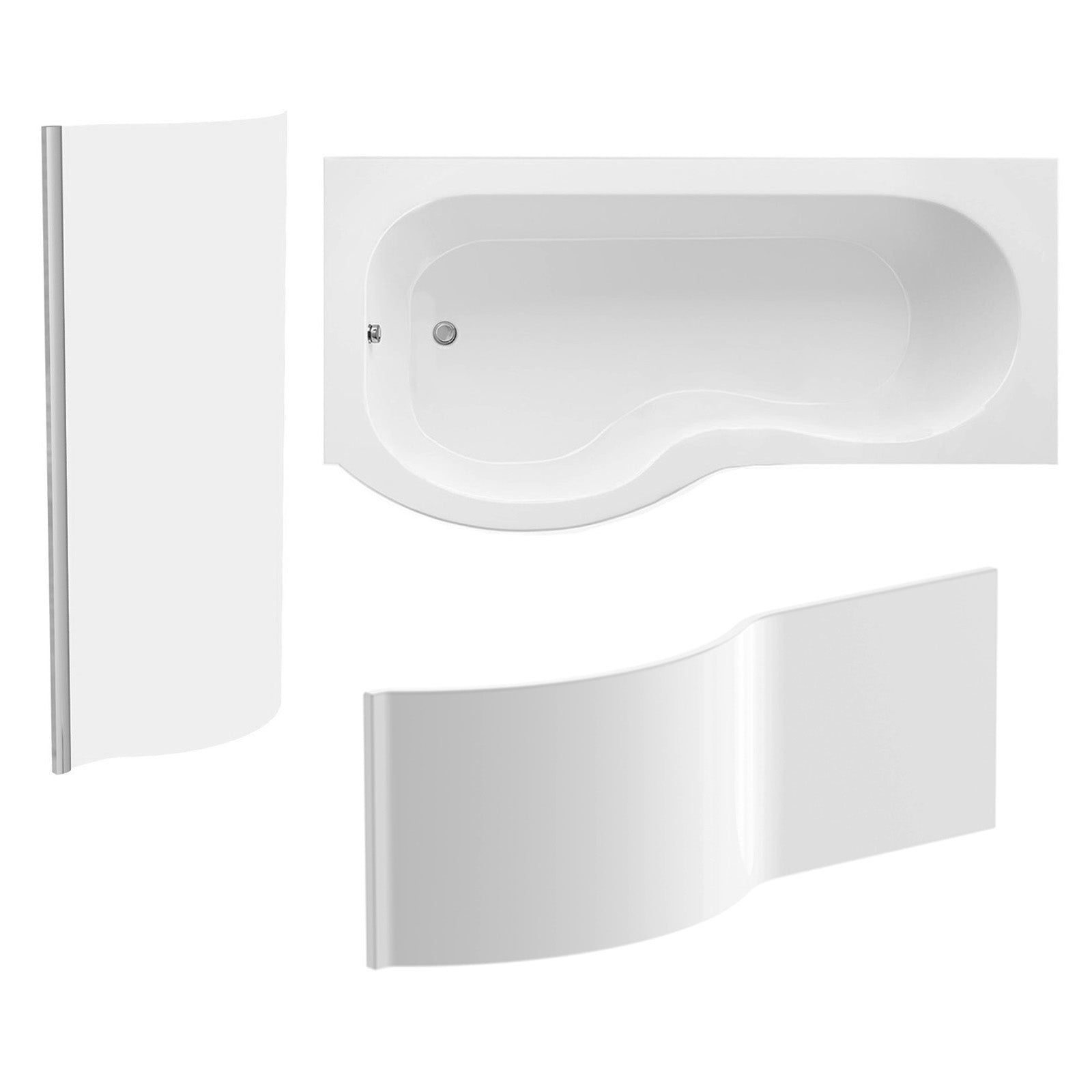P Shaped LH 1600mm Curved Shower Bath Acrylic Front Panel & Screen