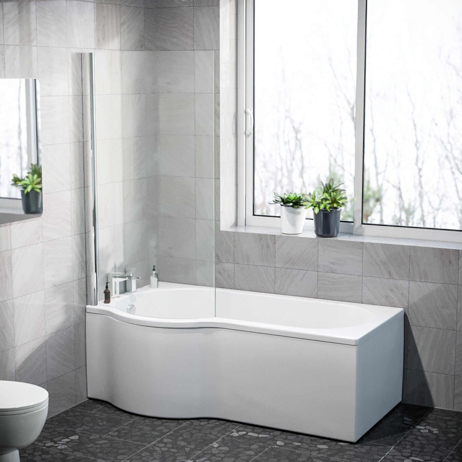 P Shaped LH 1600mm Curved Shower Bath Acrylic Front Panel & Screen