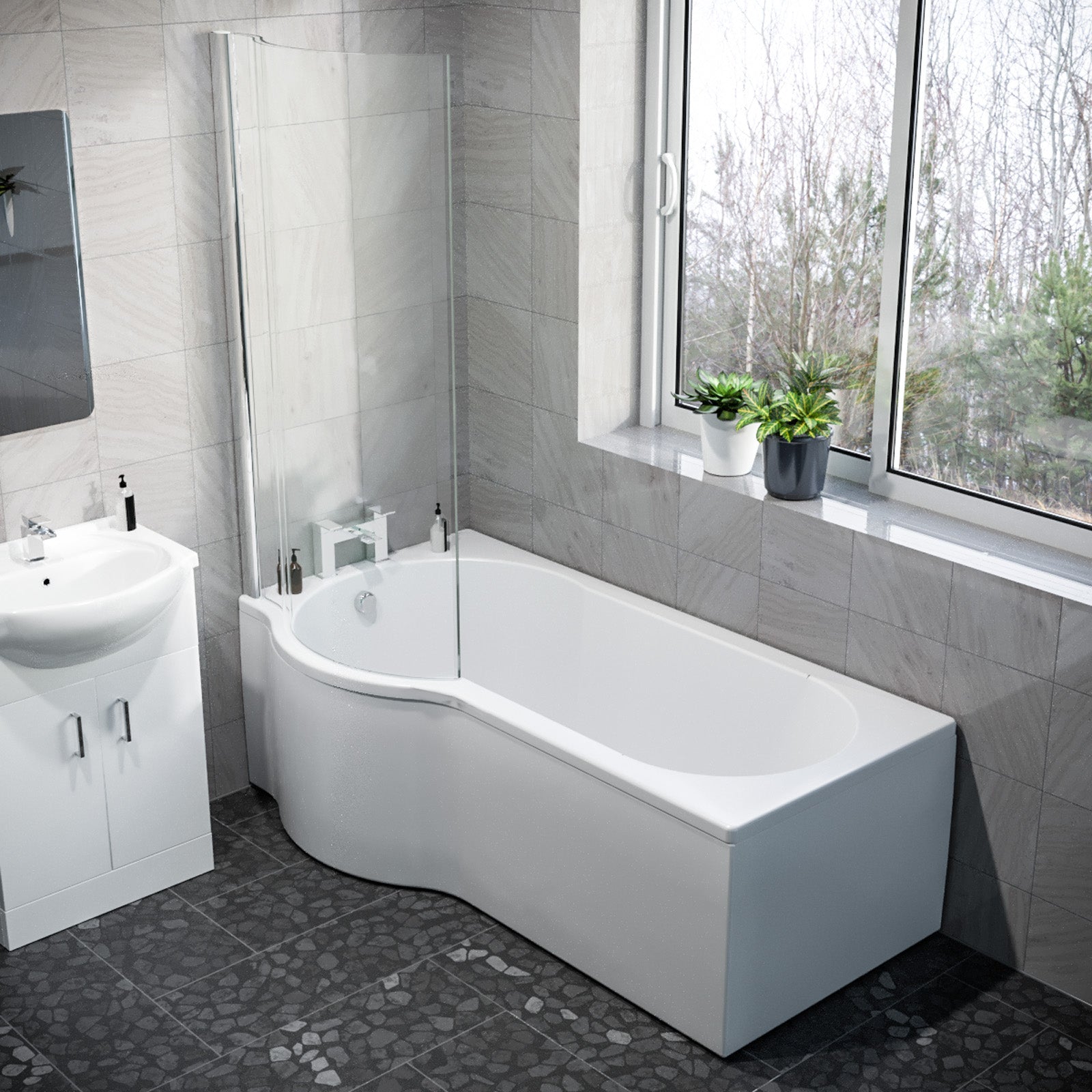 1600mm LH P Shaped Bathroom Suite, Front Panel & Screen With Vanity & Toilet