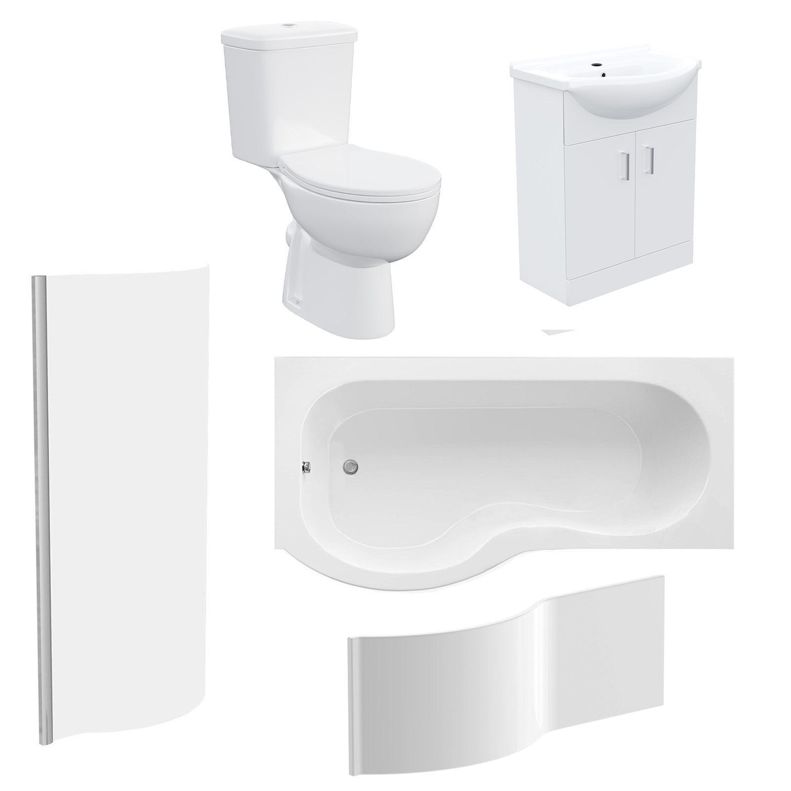 1600mm LH P Shaped Bathroom Suite, Front Panel & Screen With Vanity & Toilet