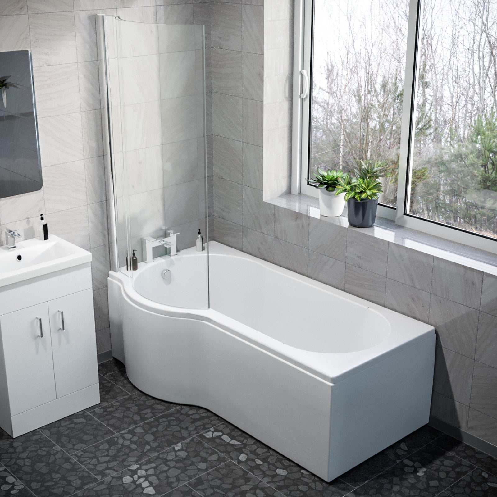 1600mm LH P Shaped Bath, Front Panel, Screen With 500mm Vanity & Toilet