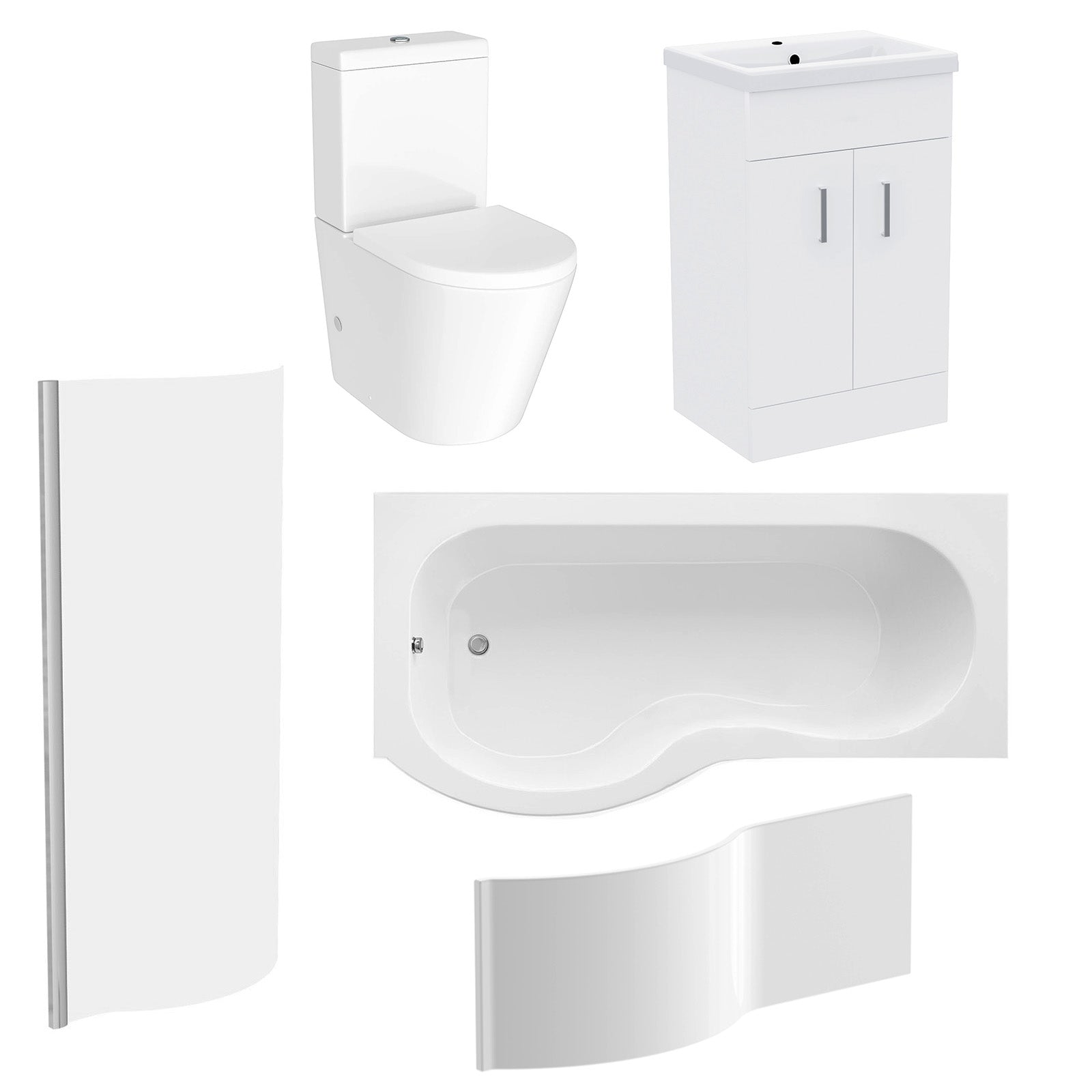 1600mm LH P Shaped Bath, Front Panel, Screen With 500mm Vanity & Toilet