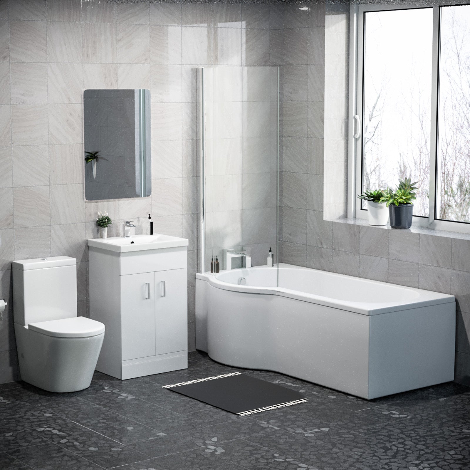 1600mm LH P Shaped Bath, Front Panel, Screen With 500mm Vanity & Toilet