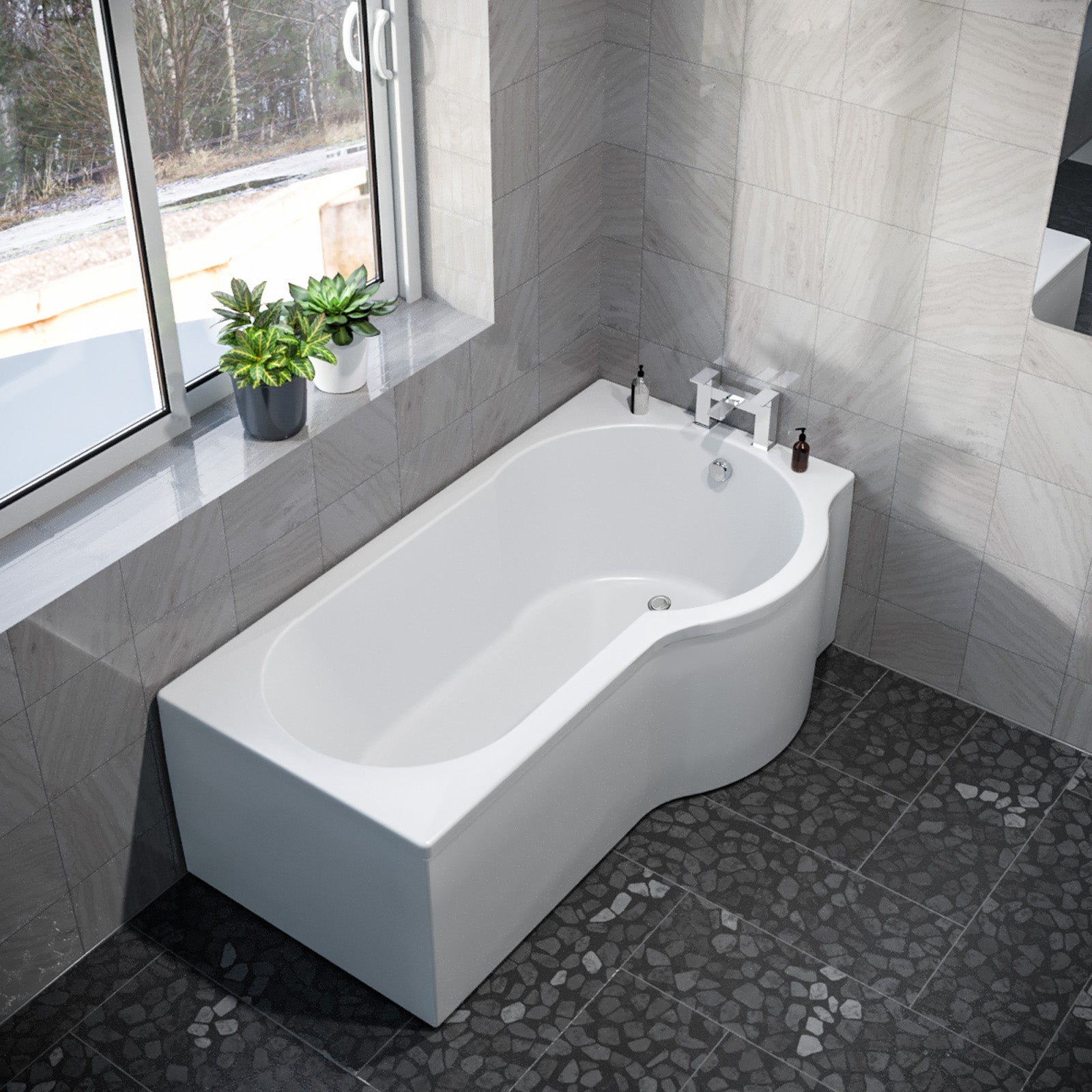 P Shaped Right Hand 1600mm Curved Shower Bath Acrylic
