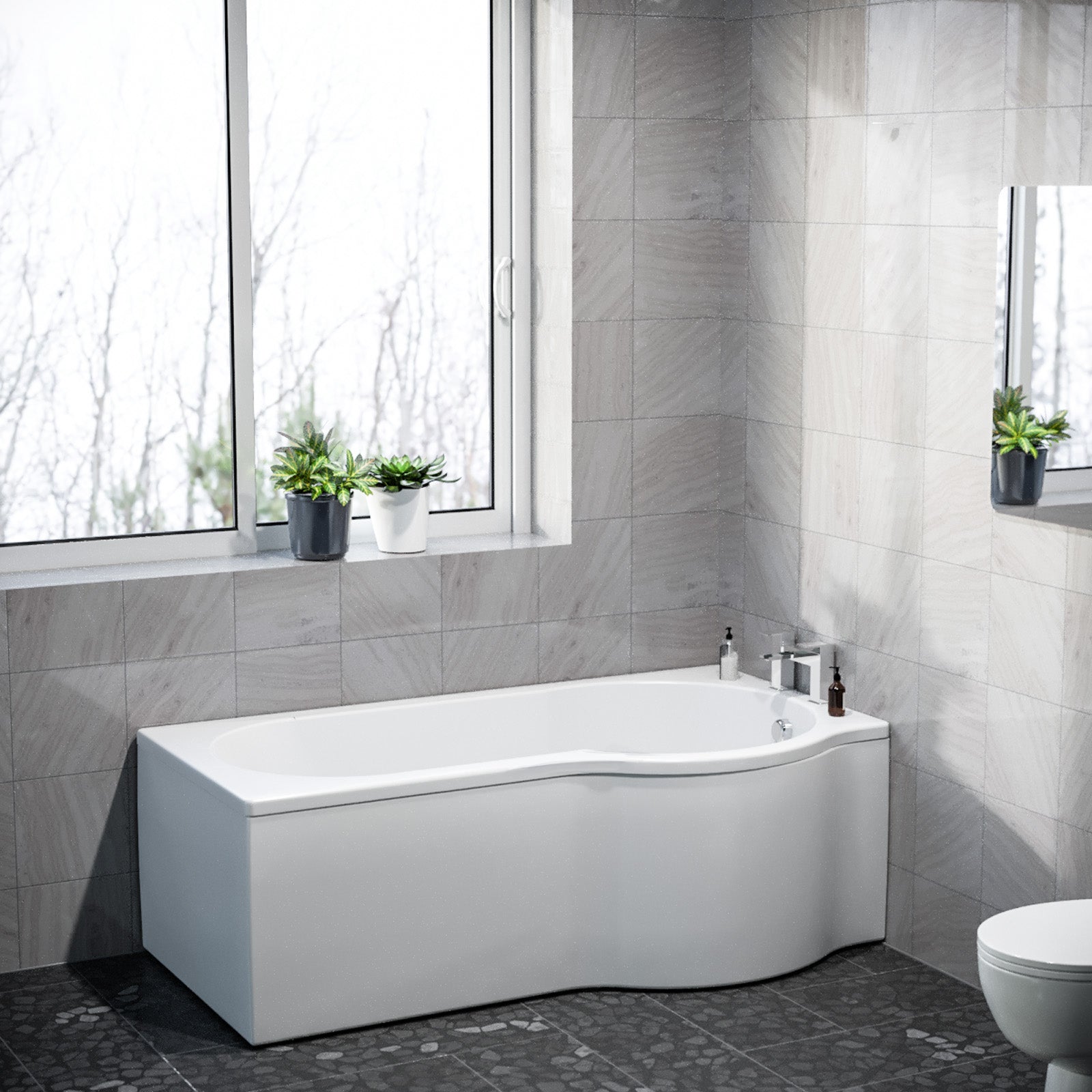 P Shaped Right Hand 1600mm Curved Shower Bath Acrylic