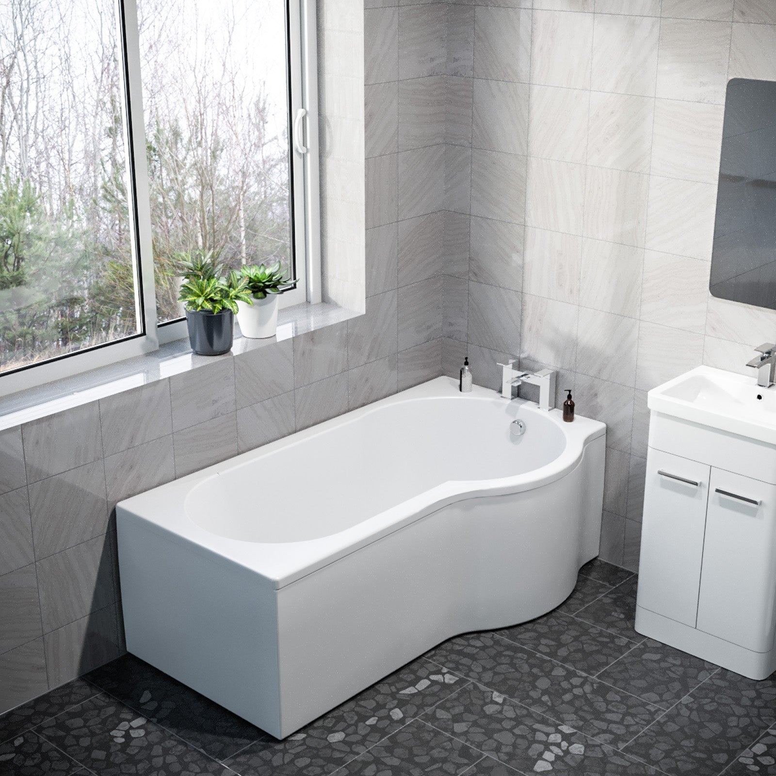 P Shaped Right Hand 1600mm Curved Shower Bath Acrylic