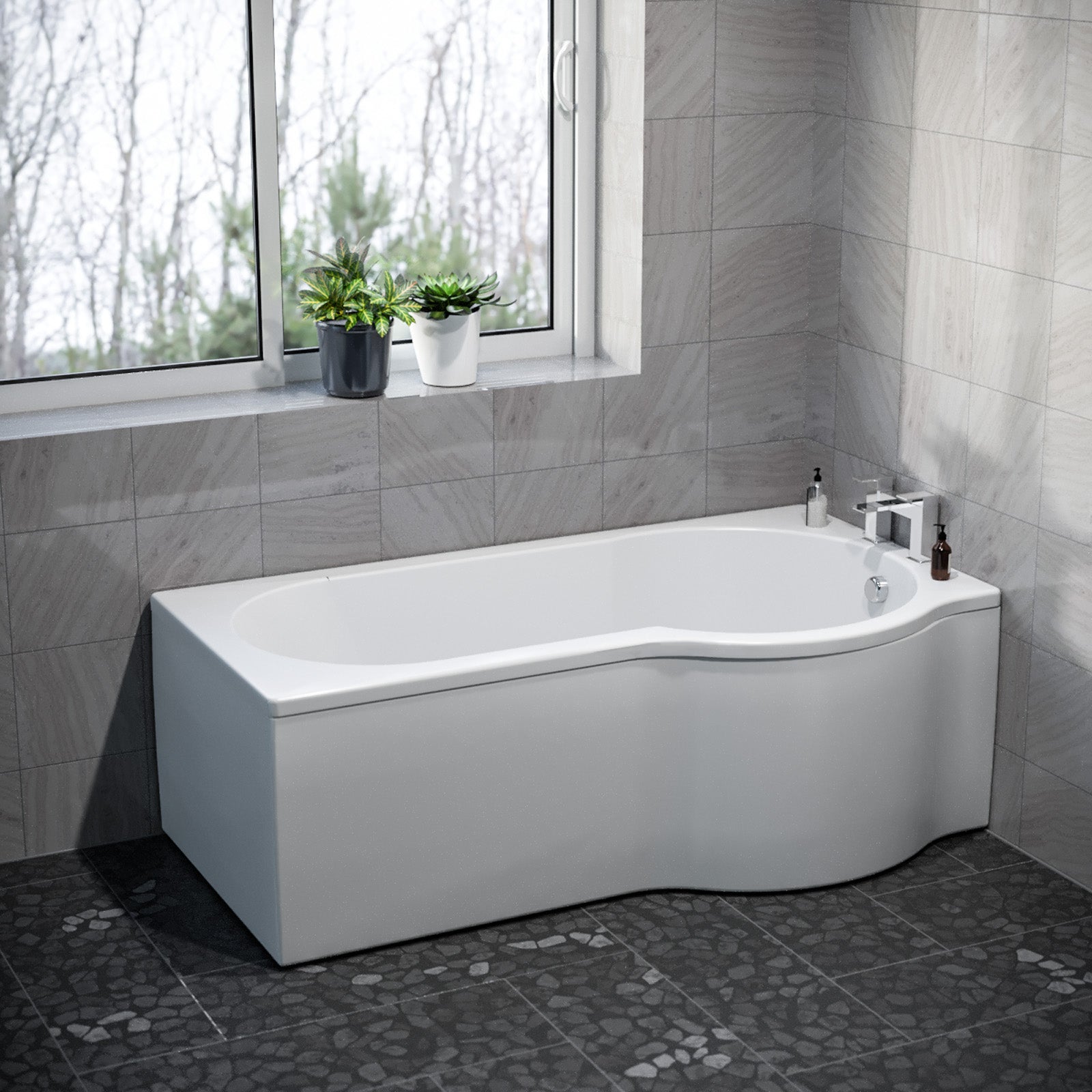 P Shaped Right Hand 1600mm Curved Shower Bath Acrylic