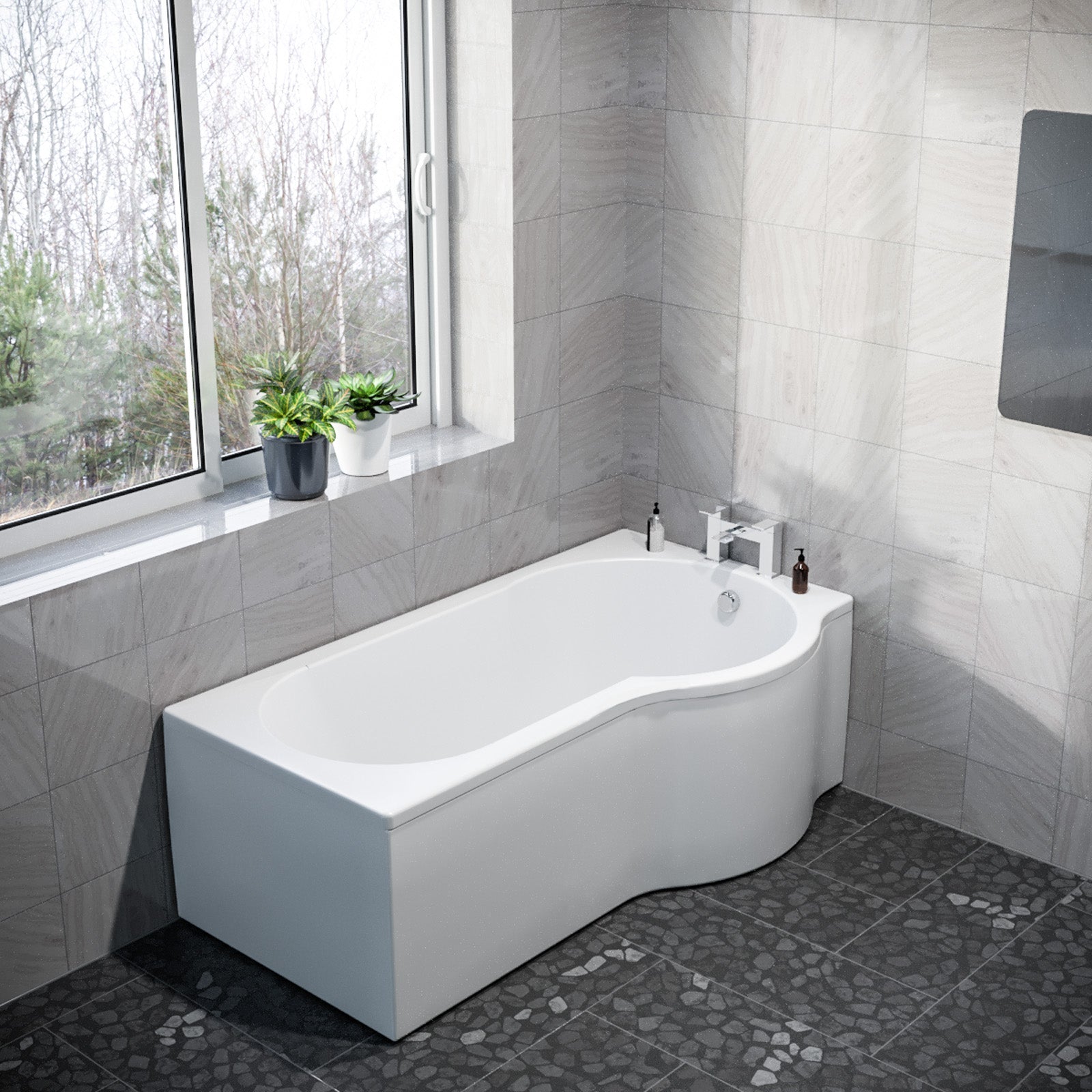 P Shaped Right Hand 1600mm Curved Shower Bath Acrylic & Front Panel
