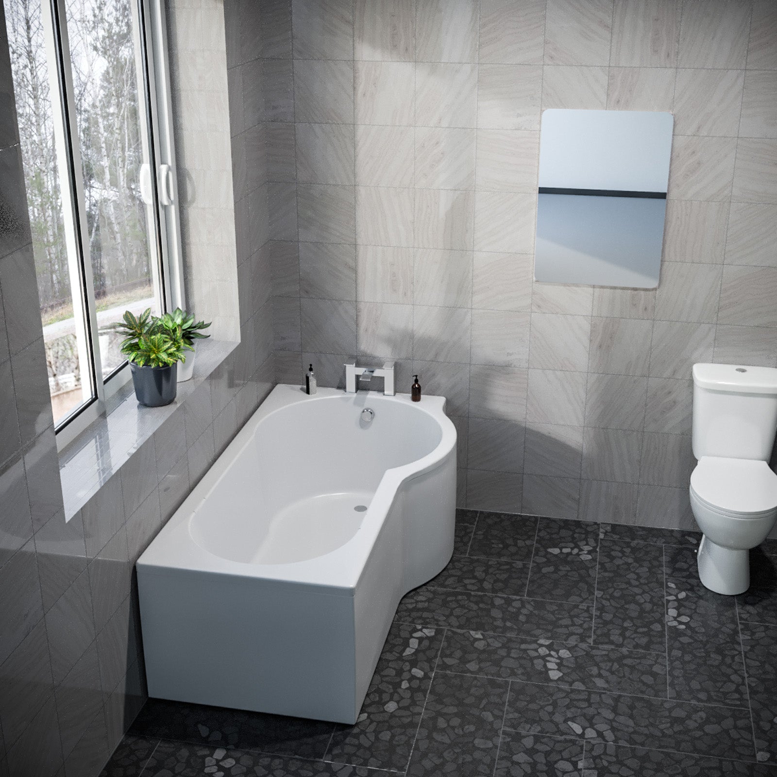 P Shaped Right Hand 1600mm Curved Shower Bath Acrylic & Front Panel
