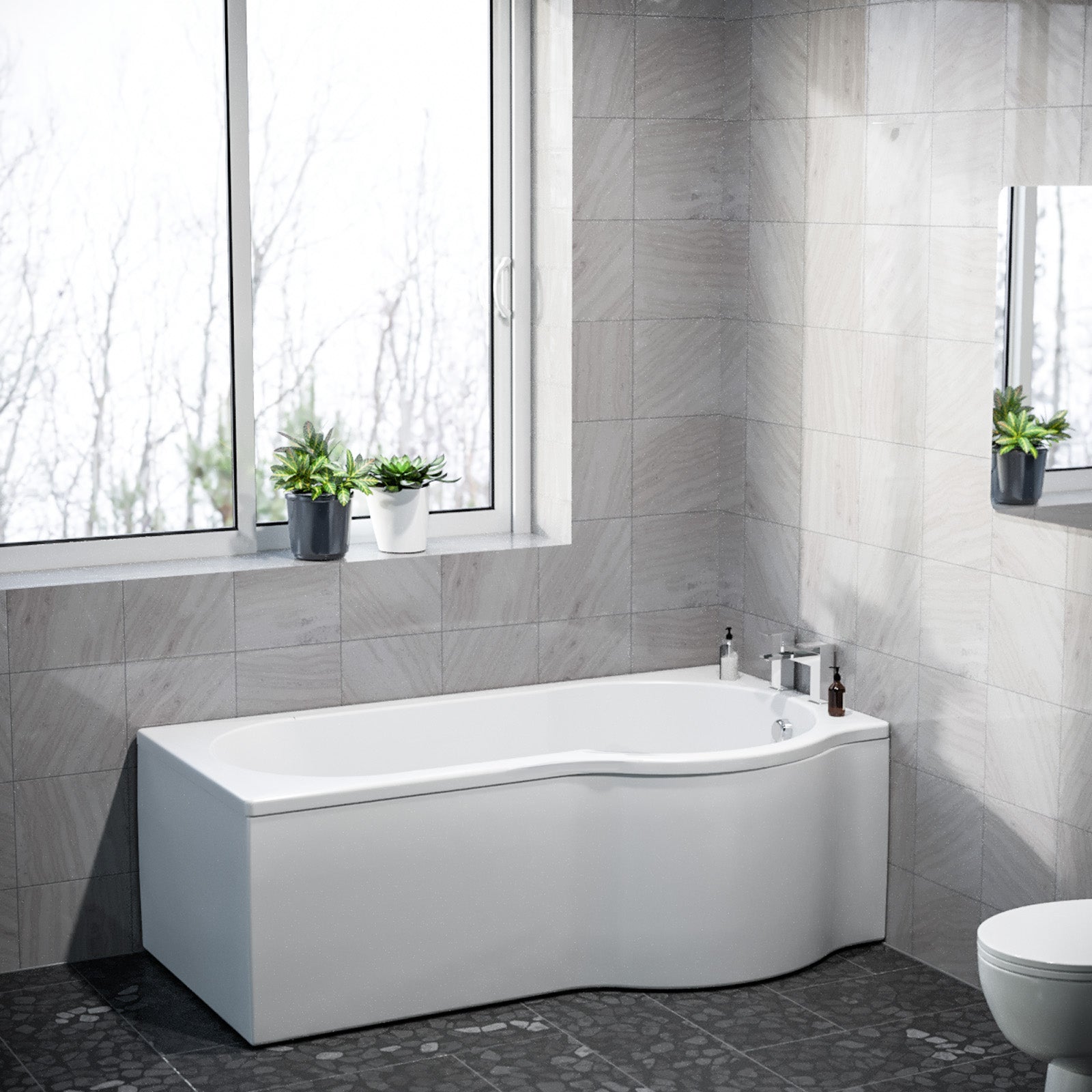 P Shaped Right Hand 1600mm Curved Shower Bath Acrylic & Front Panel