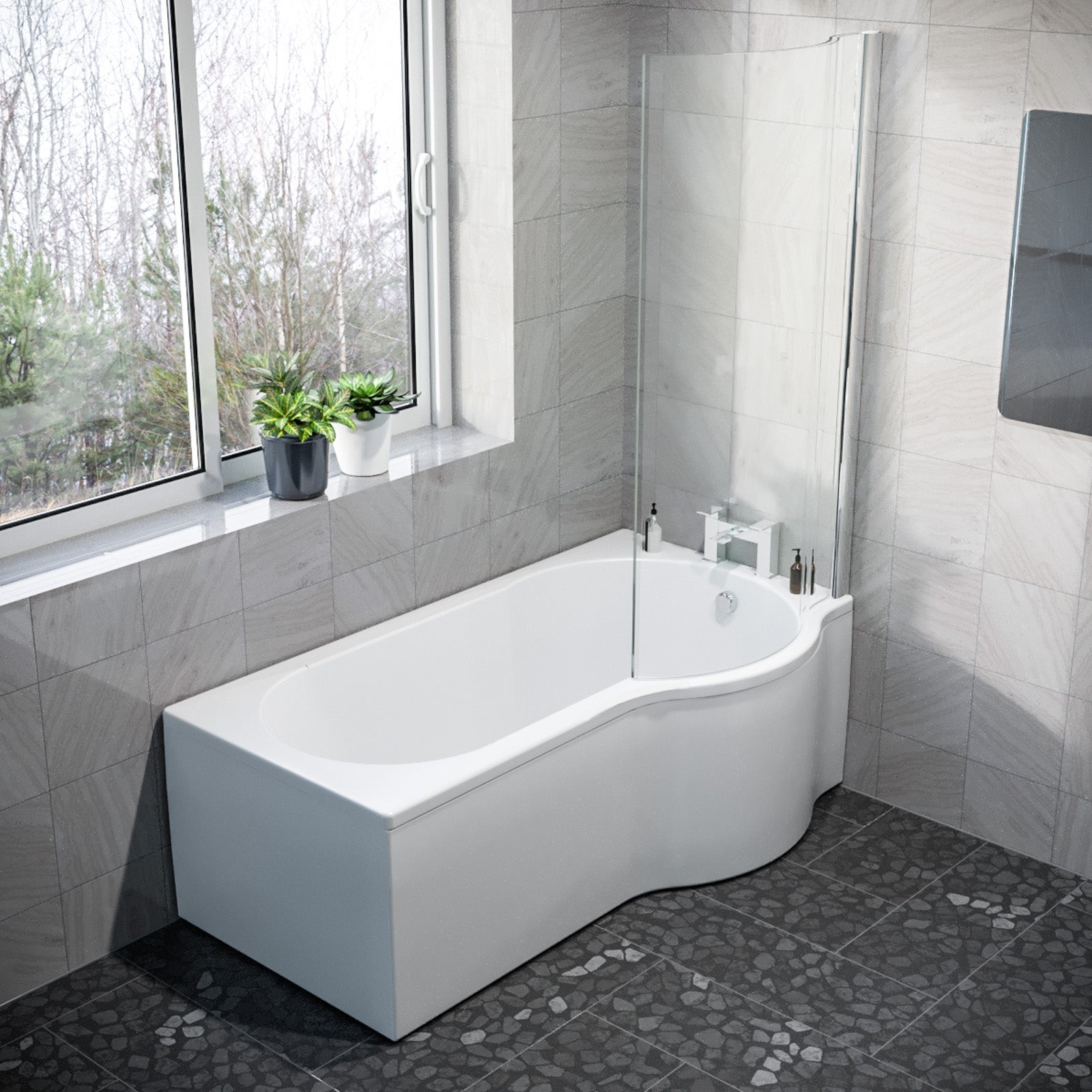 P Shaped RH 1600mm Curved Shower Bath Acrylic Front Panel & Screen