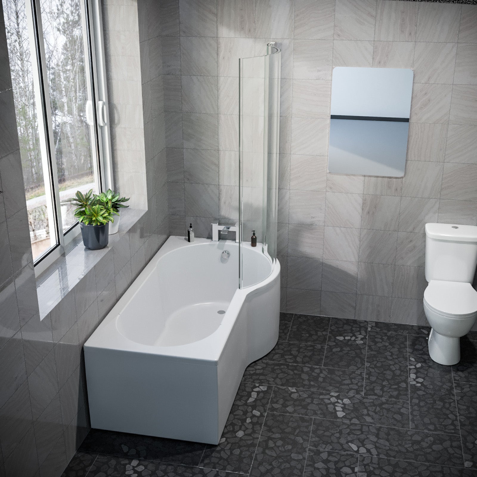 P Shaped RH 1600mm Curved Shower Bath Acrylic Front Panel & Screen