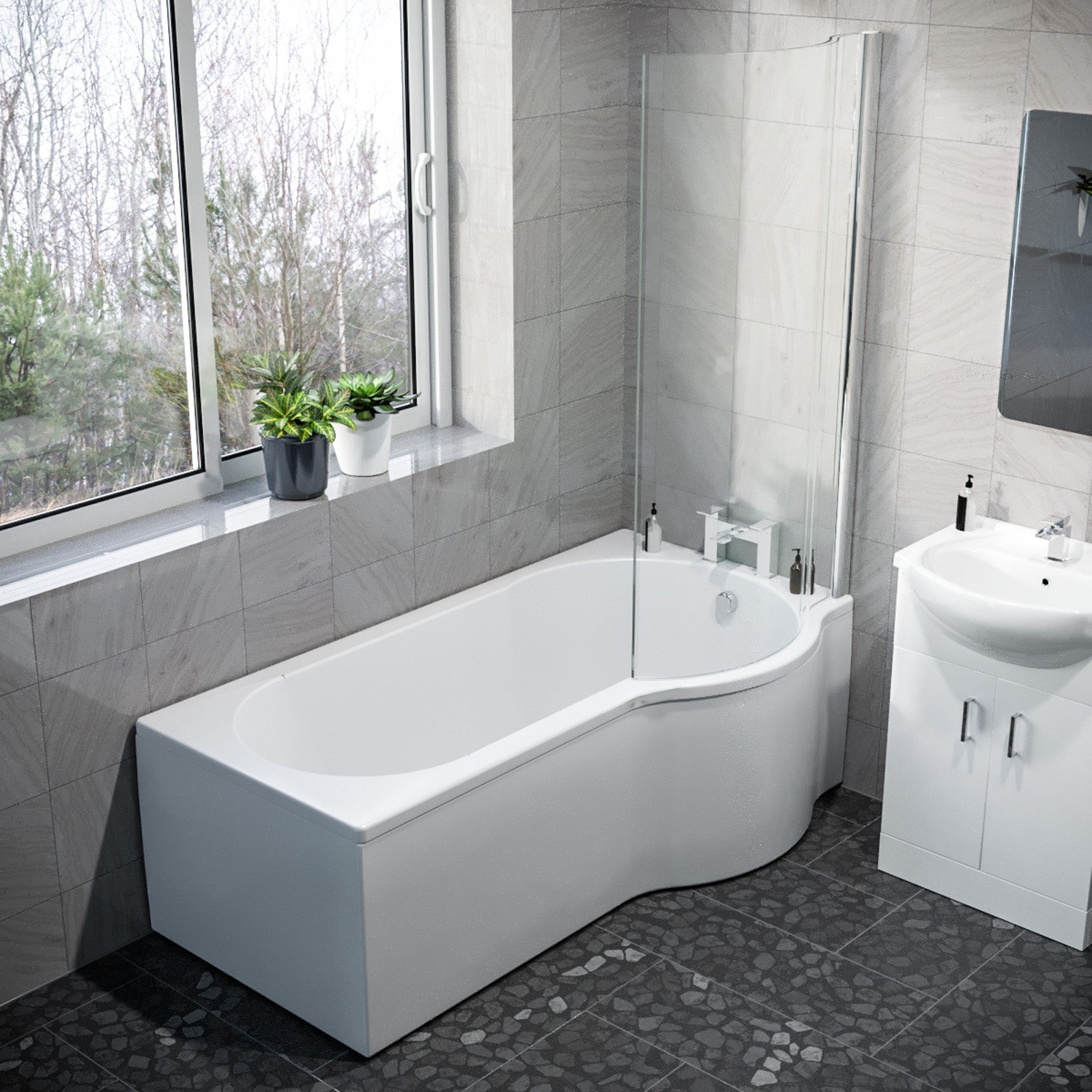 1600mm RH P Shaped Bathroom Suite, Front Panel & Screen With Vanity & Toilet