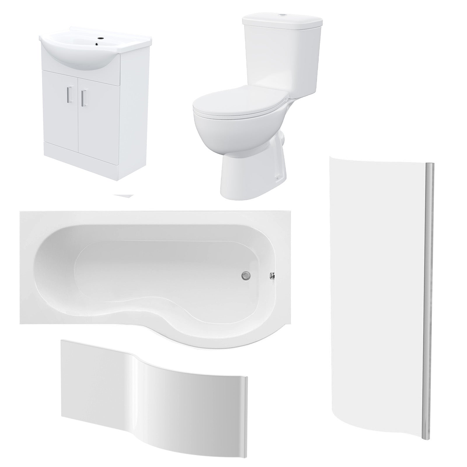 1600mm RH P Shaped Bathroom Suite, Front Panel & Screen With Vanity & Toilet